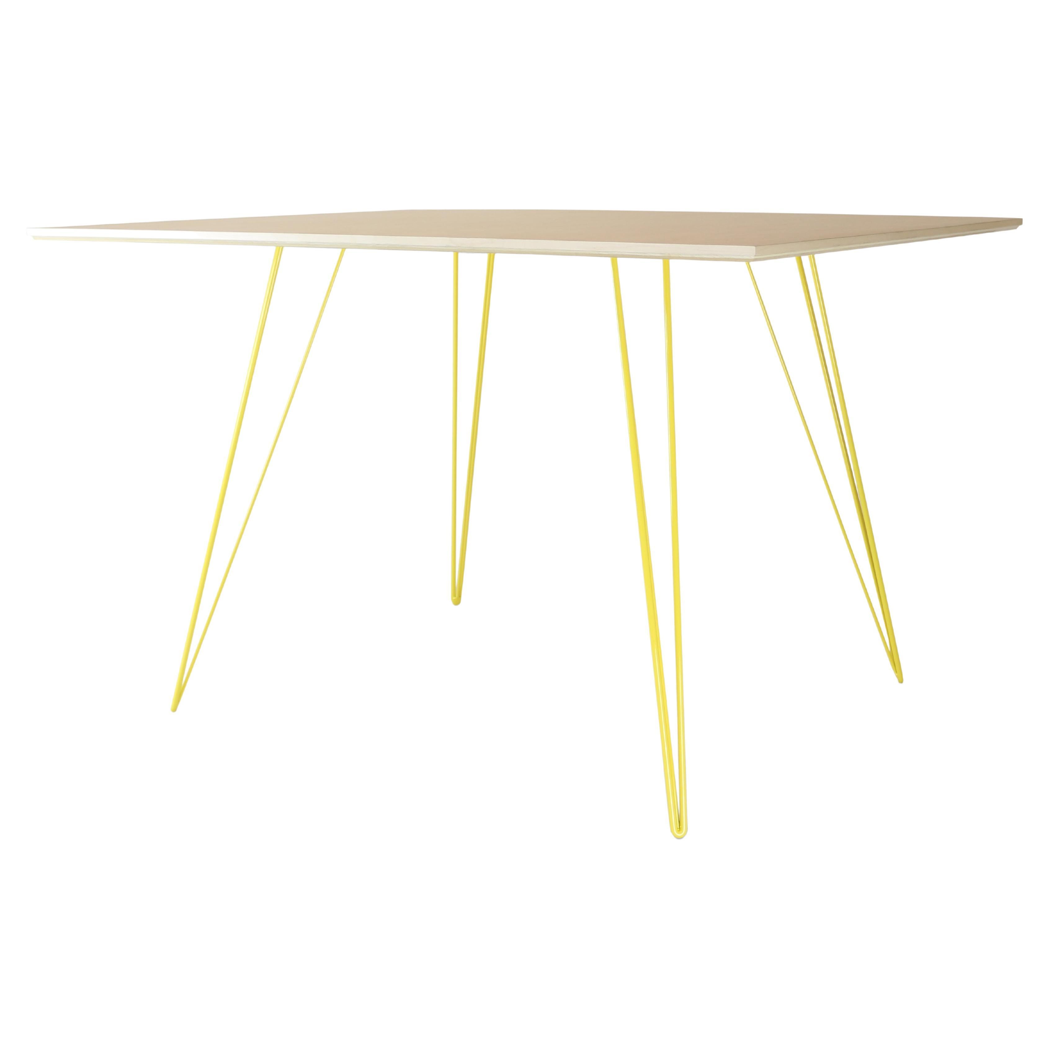 Table de salle à manger en érable Williams, pieds en épingle à cheveux jaune, plateau rectangulaire