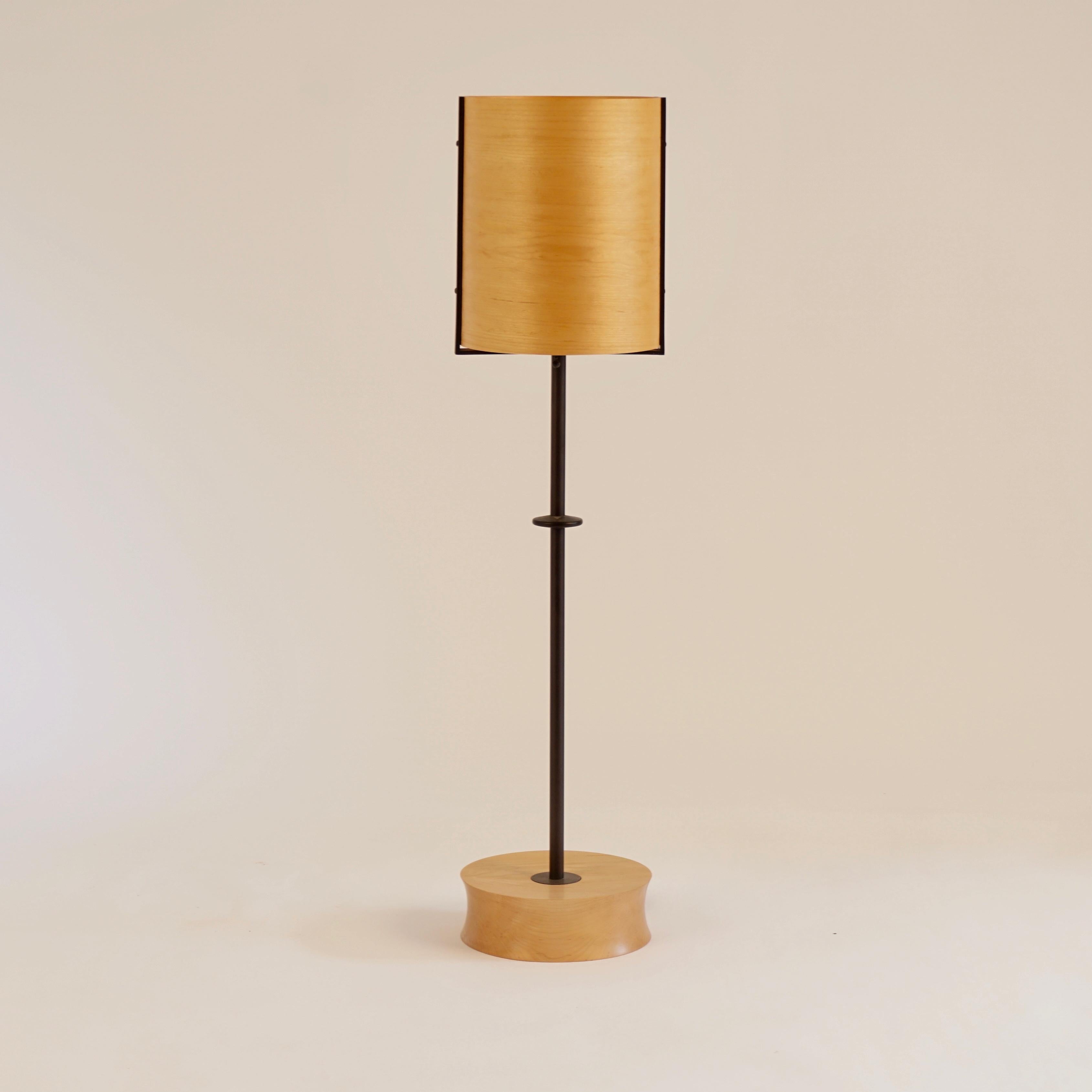 The maple veneer lamp #6 is part of the original Lehrecke Veneer Lighting Collection from 1998. The idea began with the beautiful way light passed through thin wood veneers, mostly local woods. The veneer has a nice golden color when off, and a very