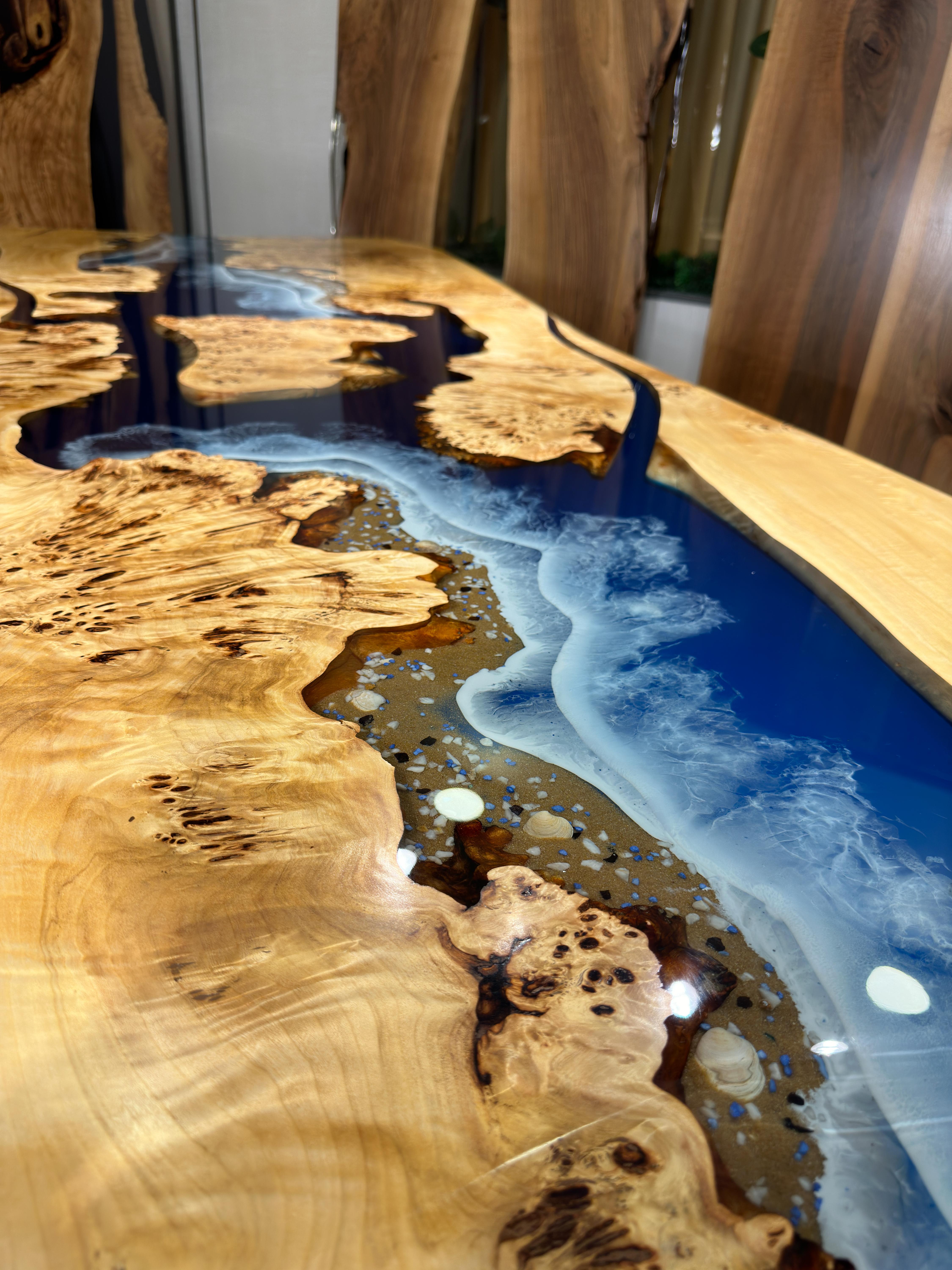 Mappa Burl Blue Ocean Epoxy Resin Kitchen & Dining Table For Sale 2