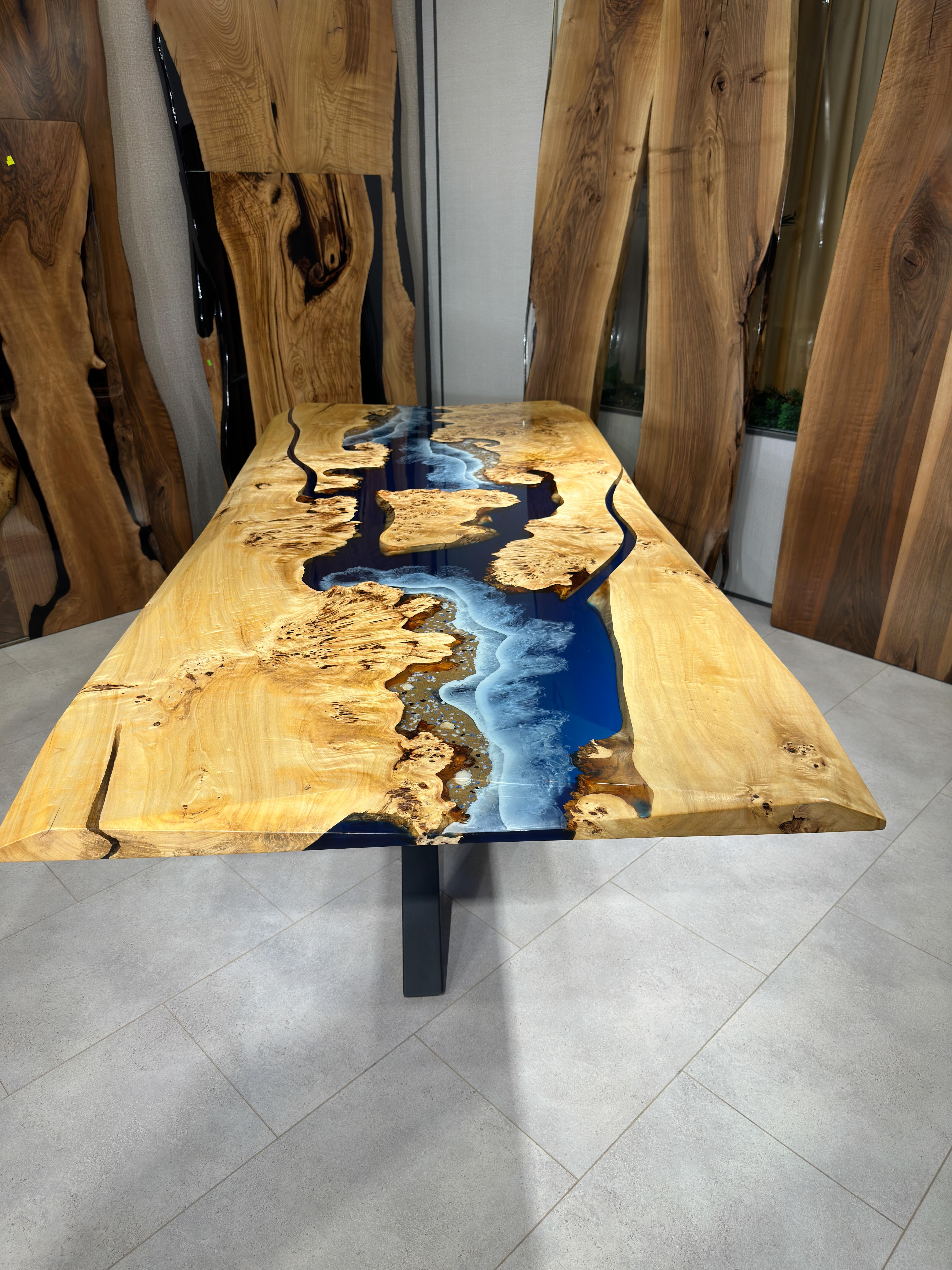 Mappa Burl Blue Ocean Epoxy Resin Kitchen & Dining Table For Sale 3