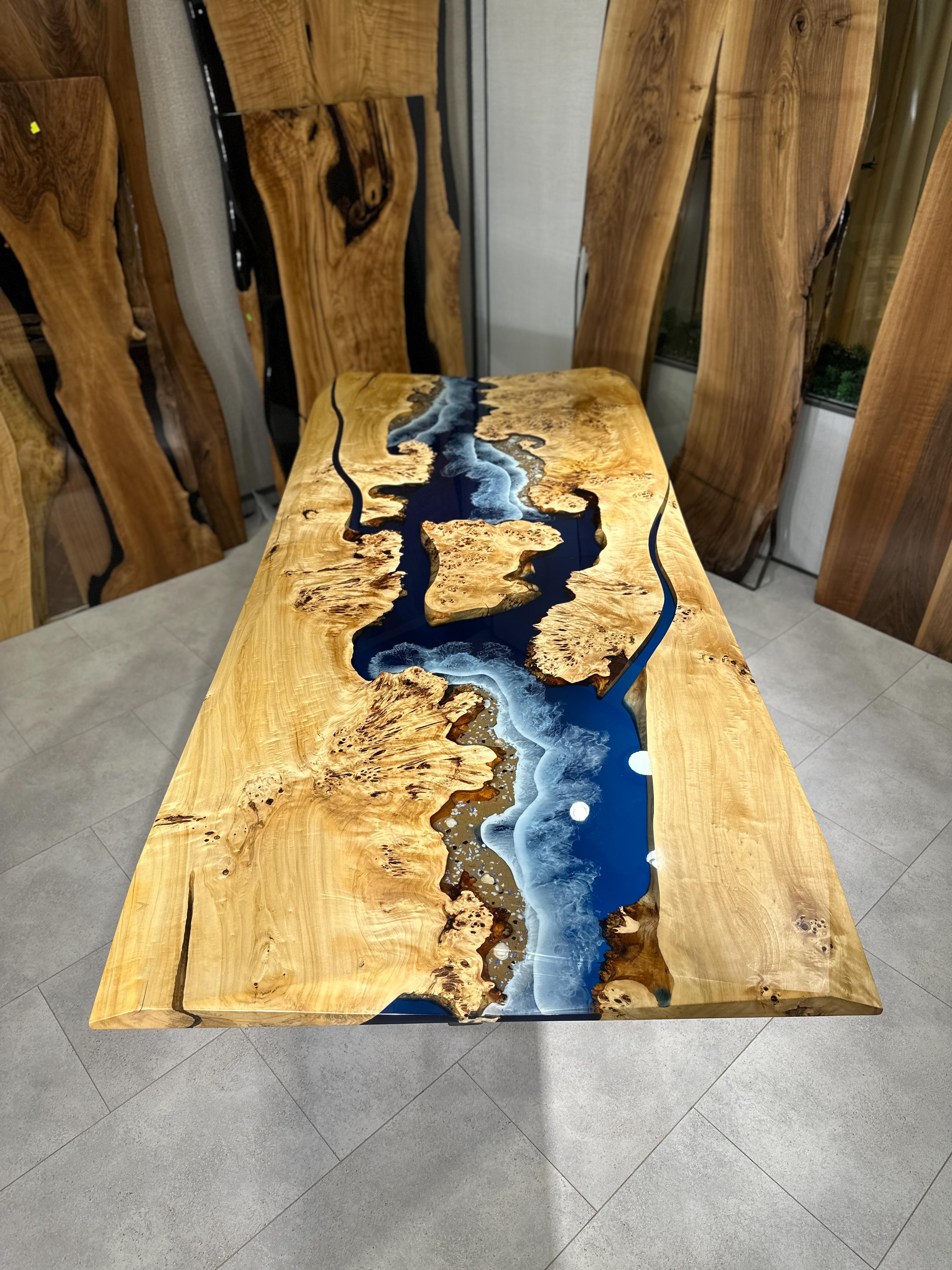 Mappa Burl Blue Ocean Epoxy Resin Kitchen & Dining Table For Sale 2