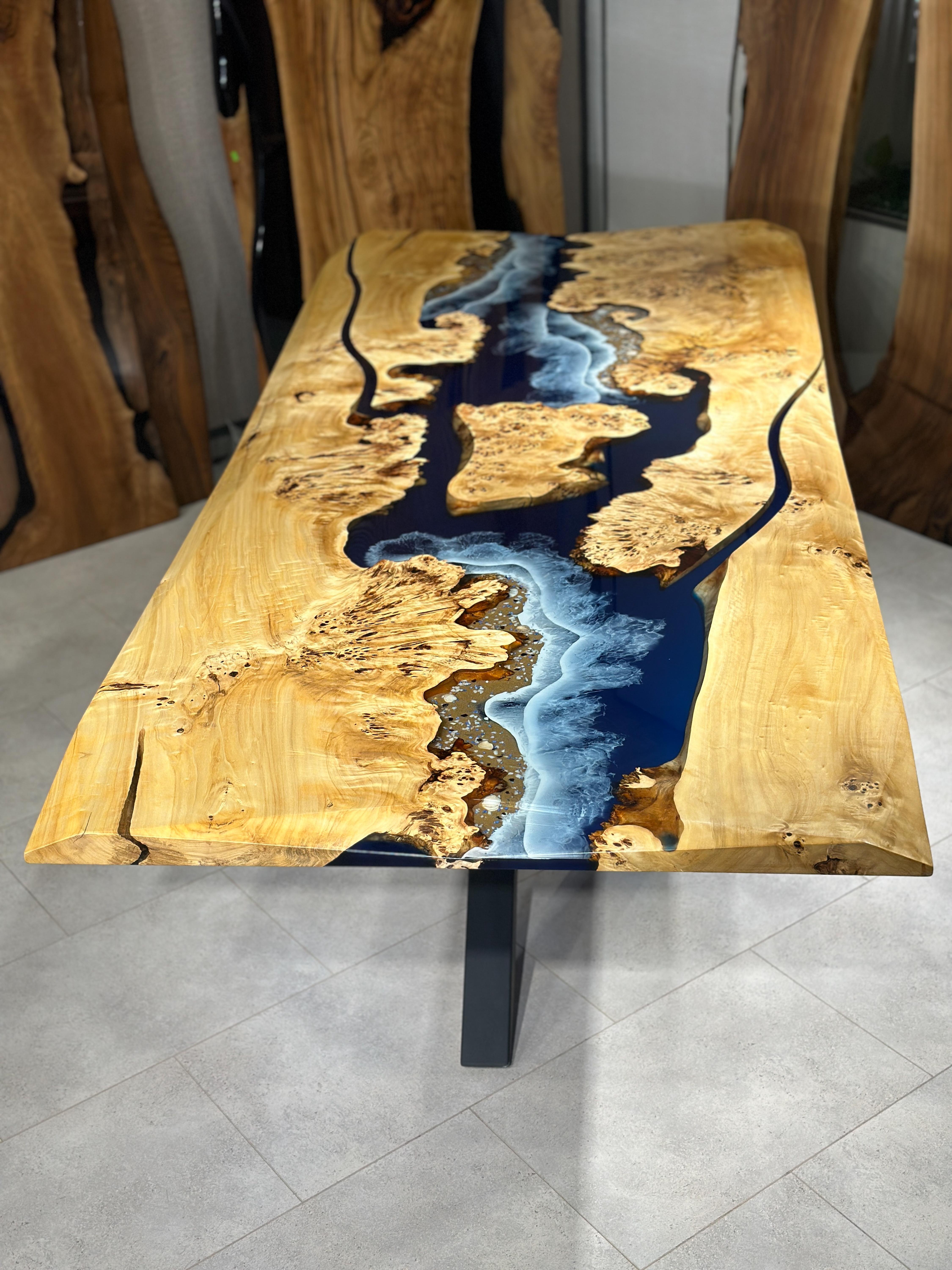Arts and Crafts Mappa Burl Blue Ocean Epoxy Resin Kitchen & Dining Table For Sale