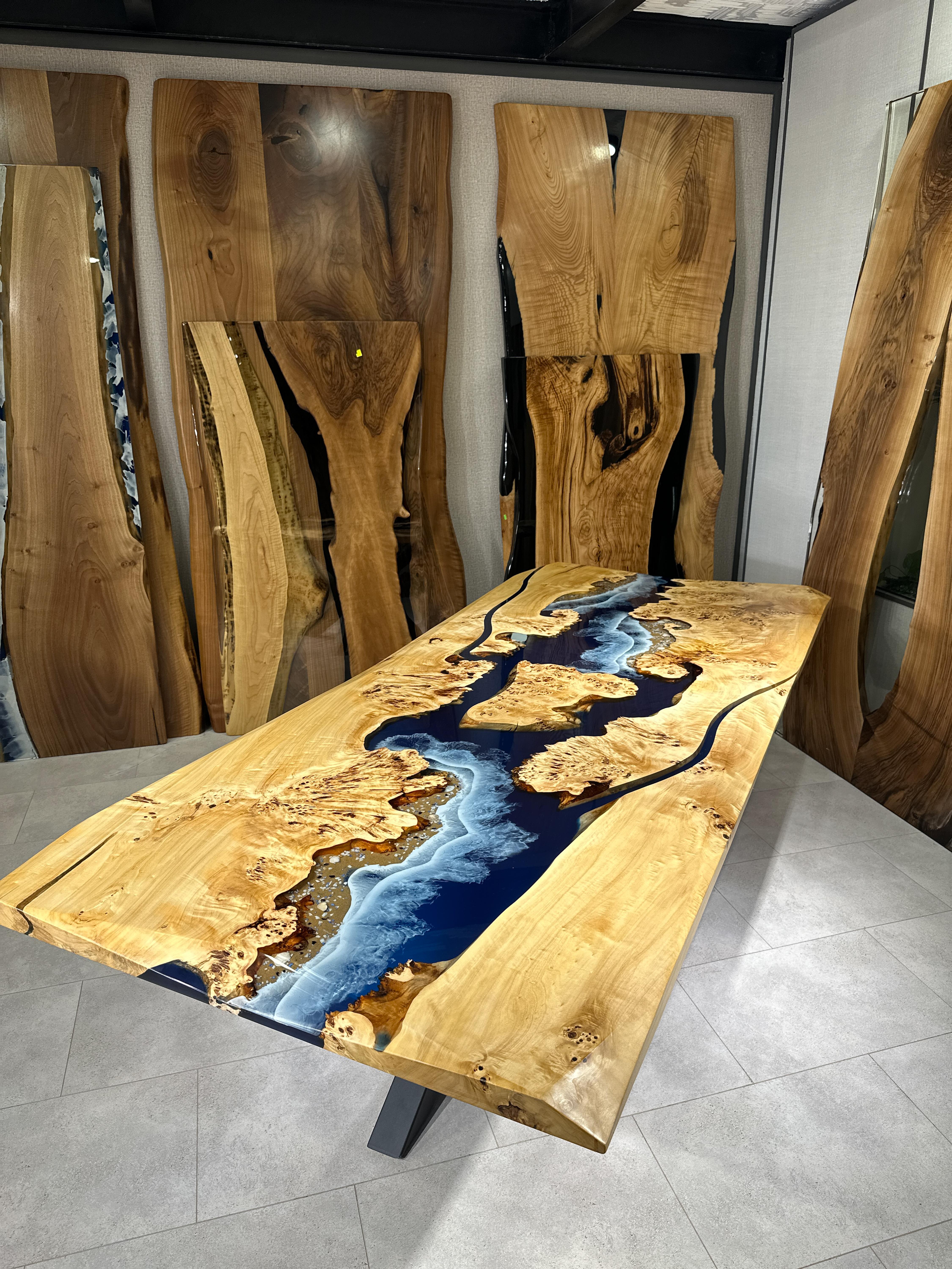 Arts and Crafts Mappa Burl Blue Ocean Epoxy Resin Kitchen & Dining Table For Sale