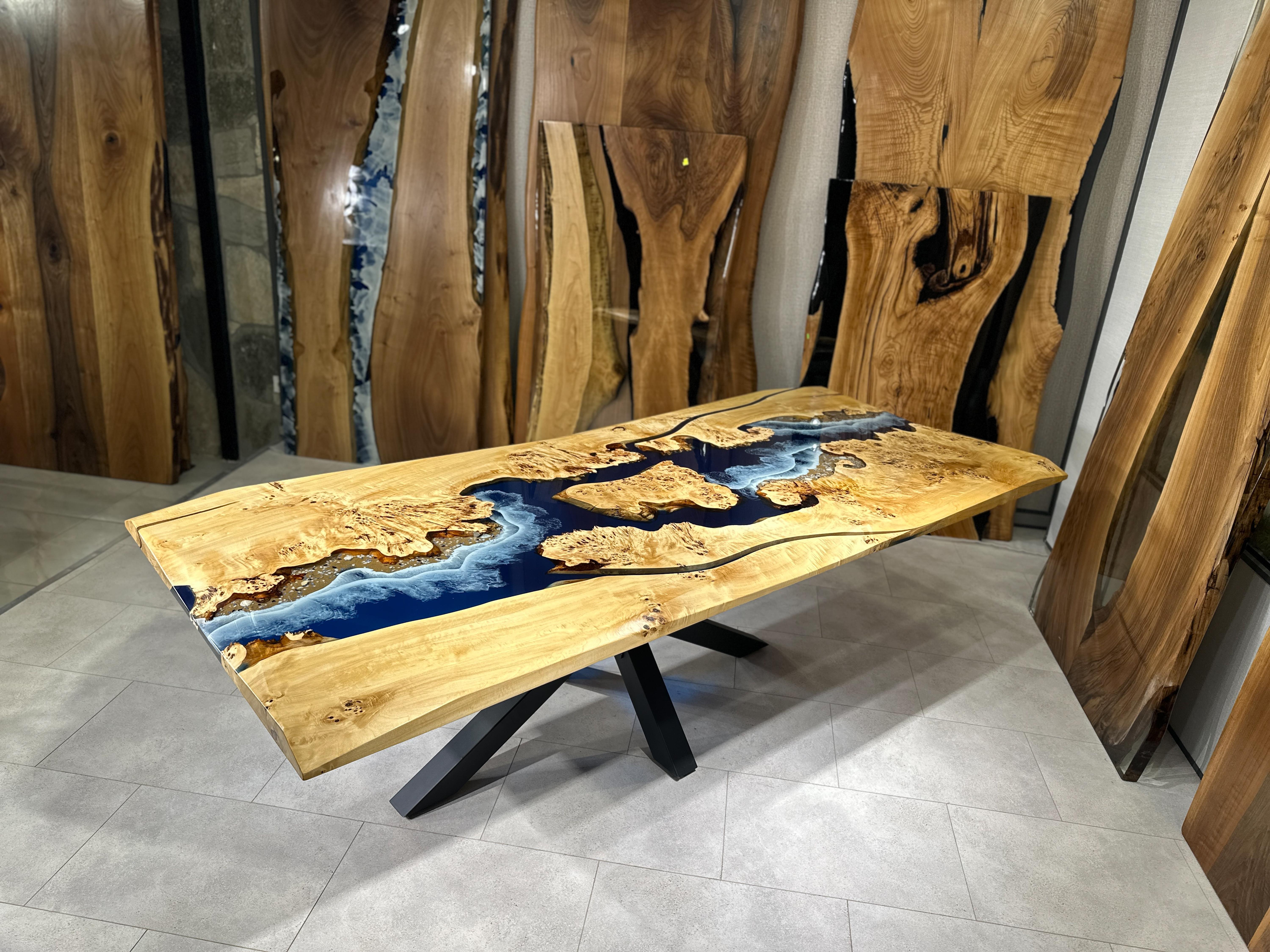 Turkish Mappa Burl Blue Ocean Epoxy Resin Kitchen & Dining Table For Sale