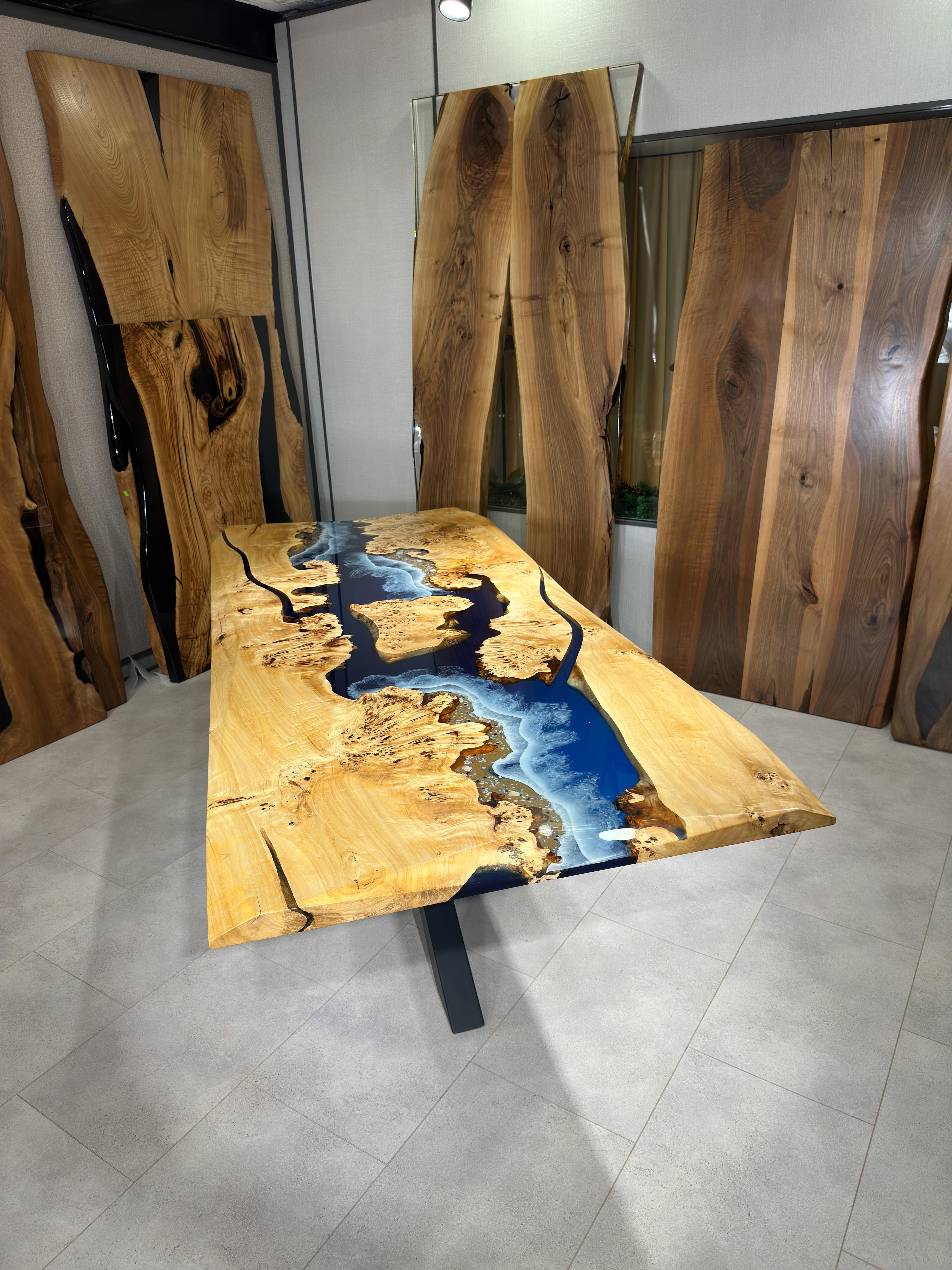 Contemporary Mappa Burl Blue Ocean Epoxy Resin Kitchen & Dining Table For Sale