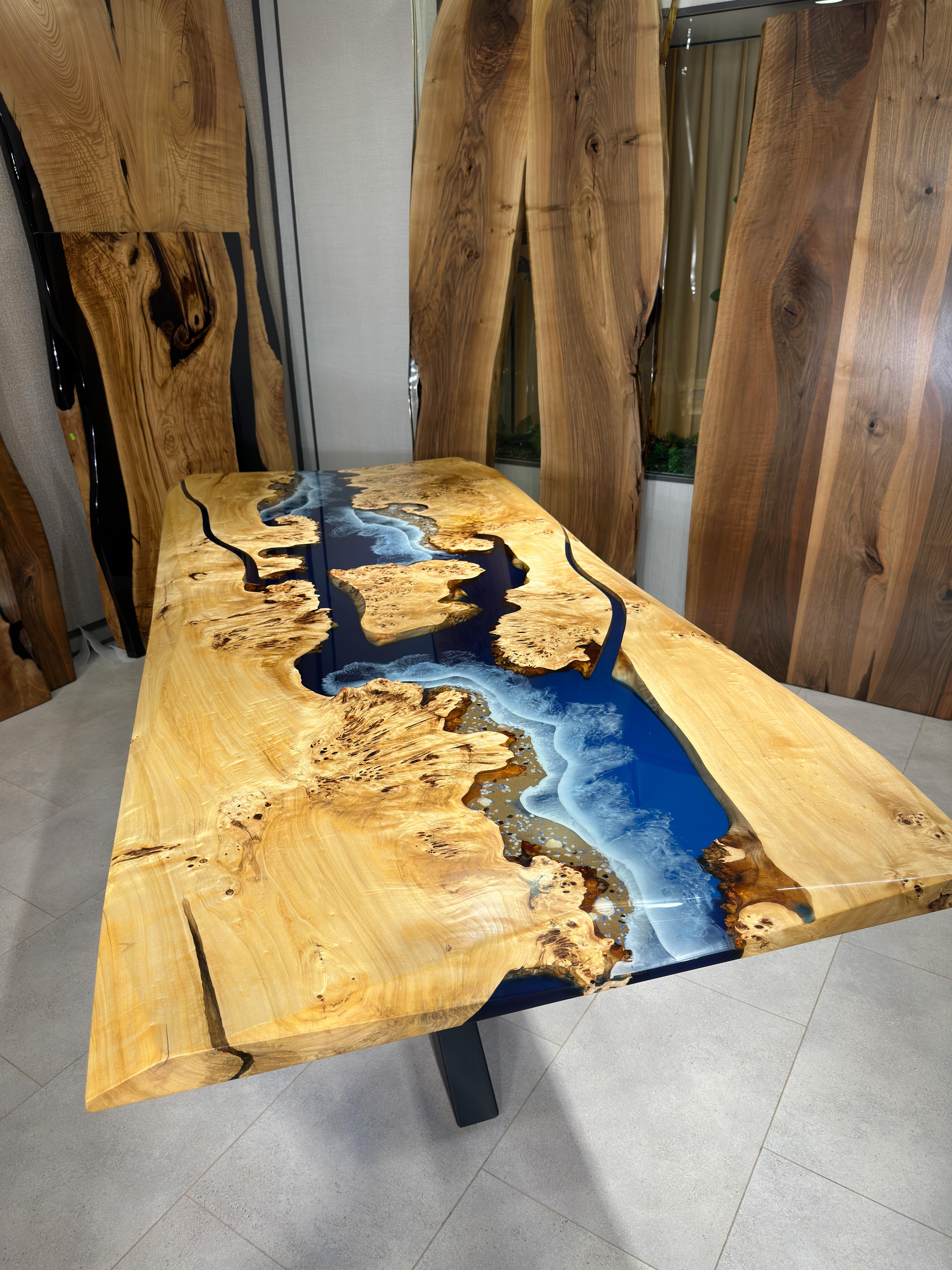Mappa Burl Blue Ocean Epoxy Resin Kitchen & Dining Table In New Condition For Sale In İnegöl, TR
