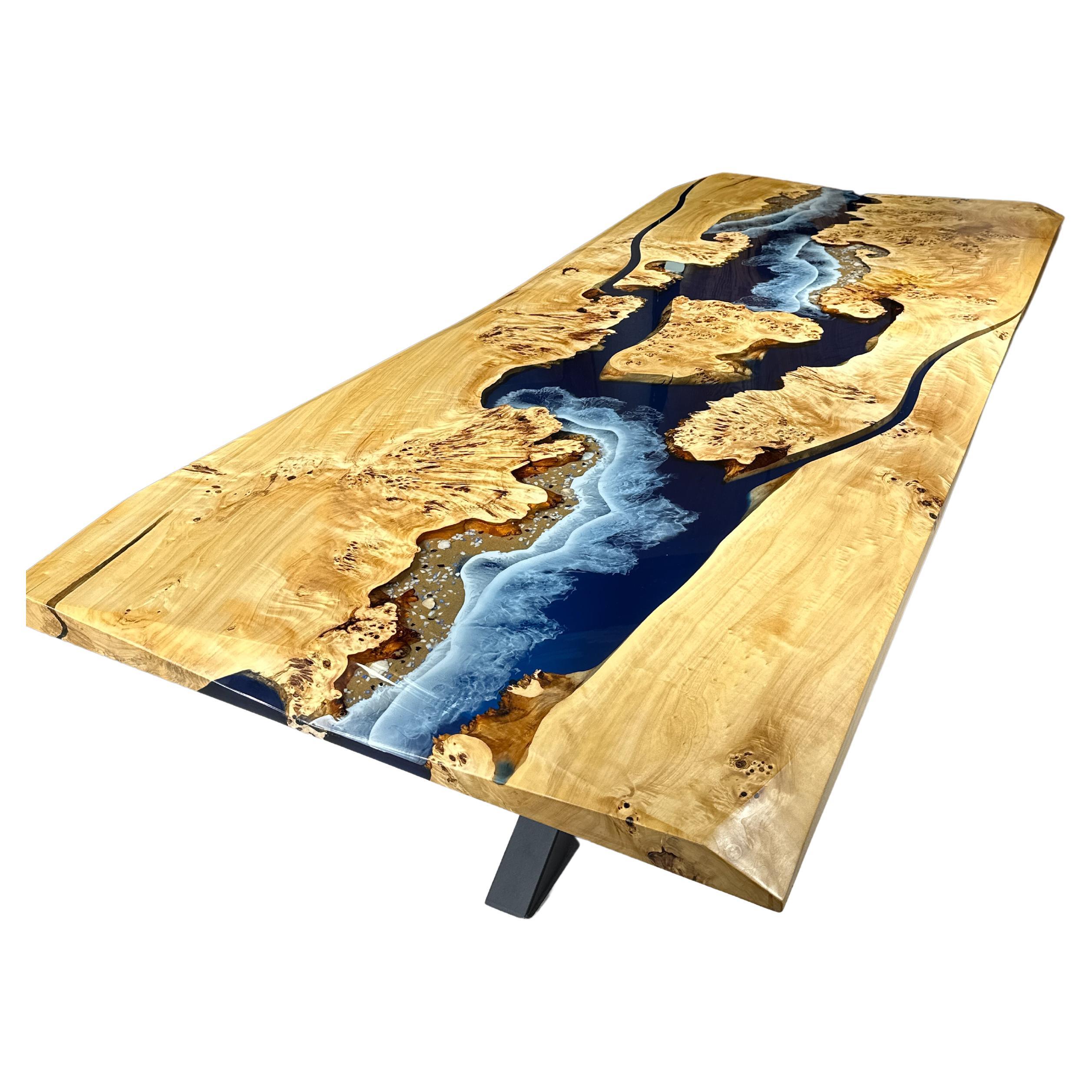 Mappa Burl Blue Ocean Epoxy Resin Kitchen & Dining Table For Sale
