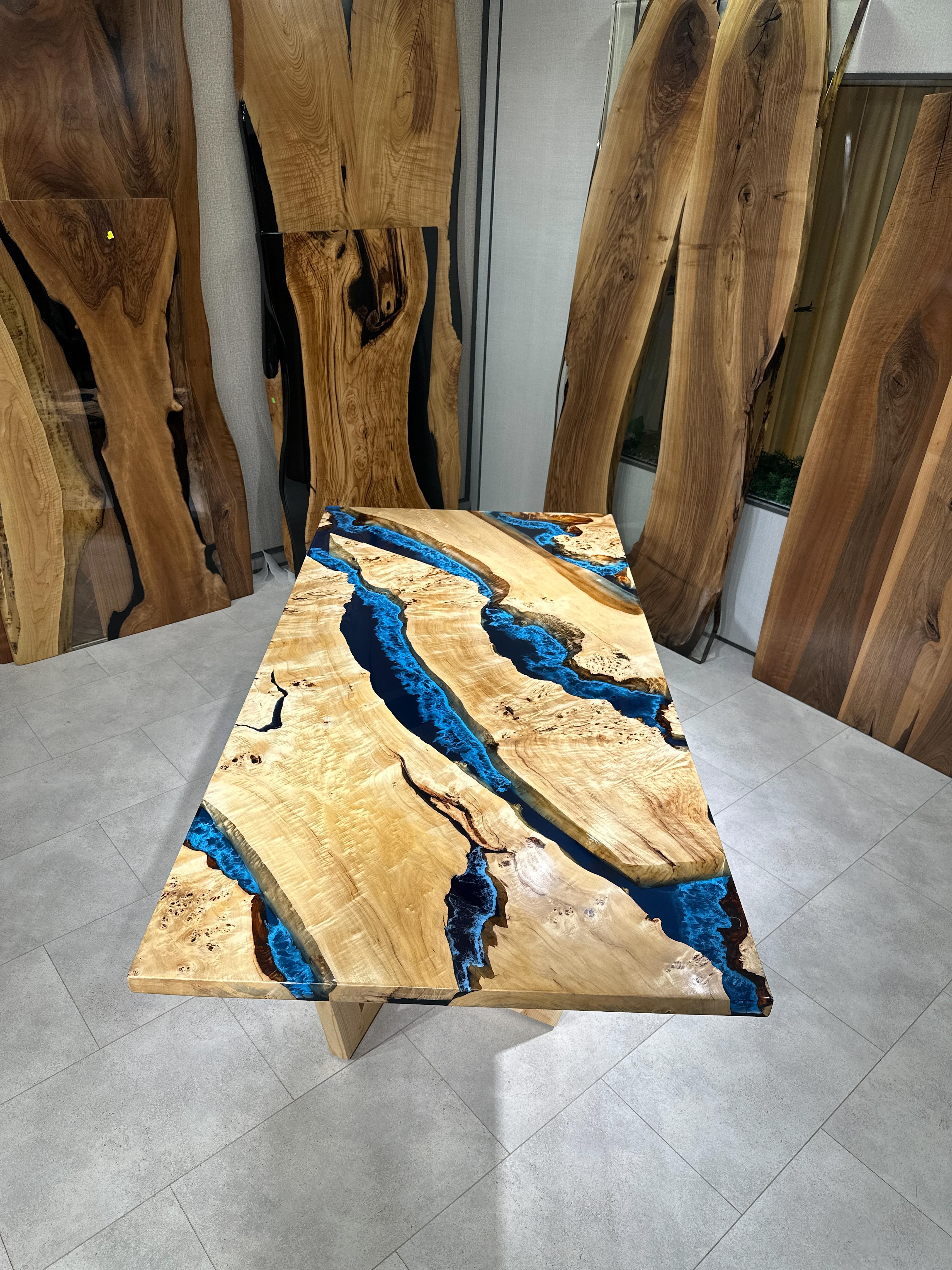 Arts and Crafts Mappa Burl Deep Blue Epoxy Resin River Custom Dining Wood Table For Sale