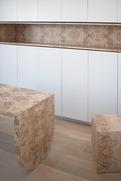 EPIFANIA DESK + CUBE Mapa Burl Veneer Desk and Chest of Drawers