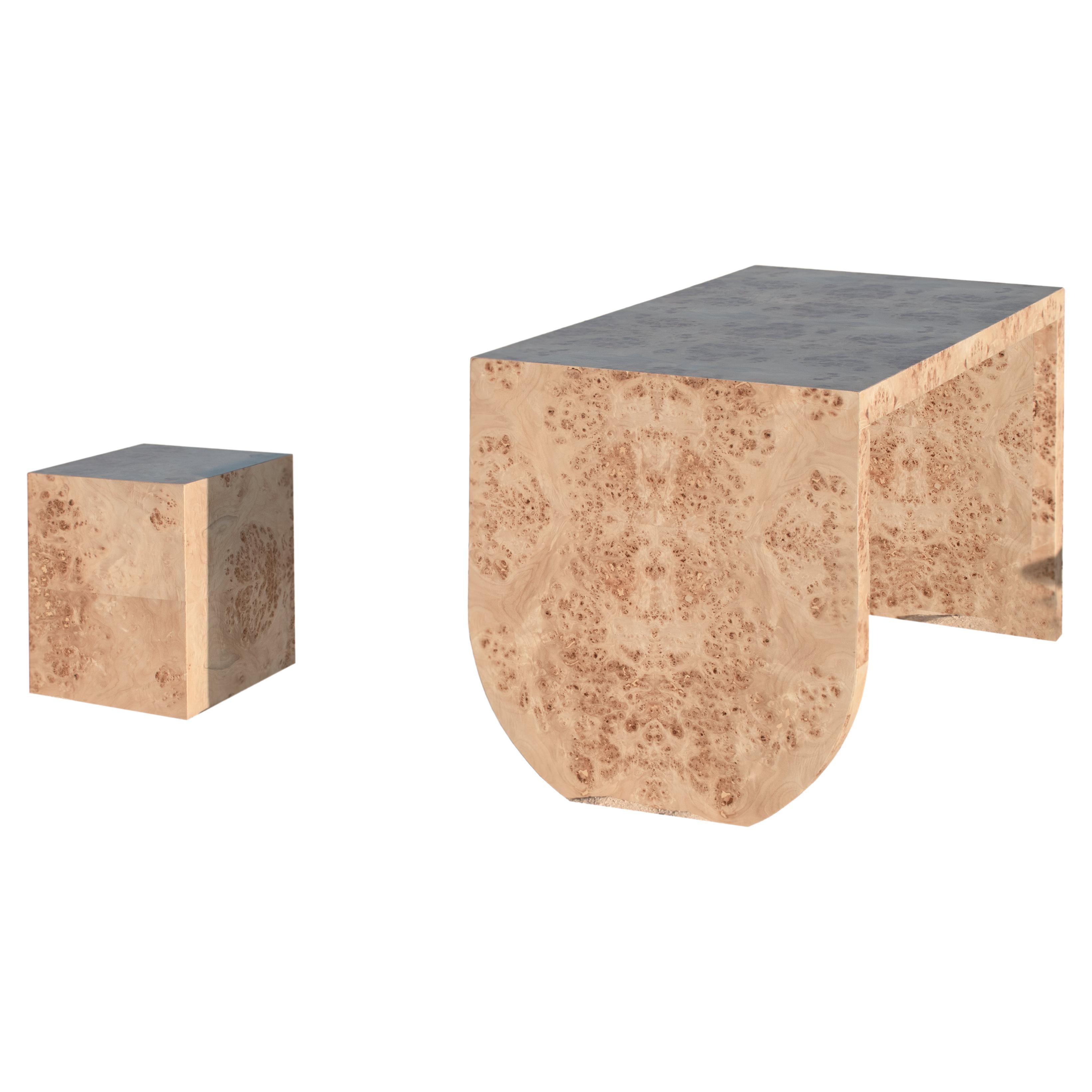 EPIFANIA DESK + CUBE Mapa Burl Veneer Desk and Chest of Drawers For Sale