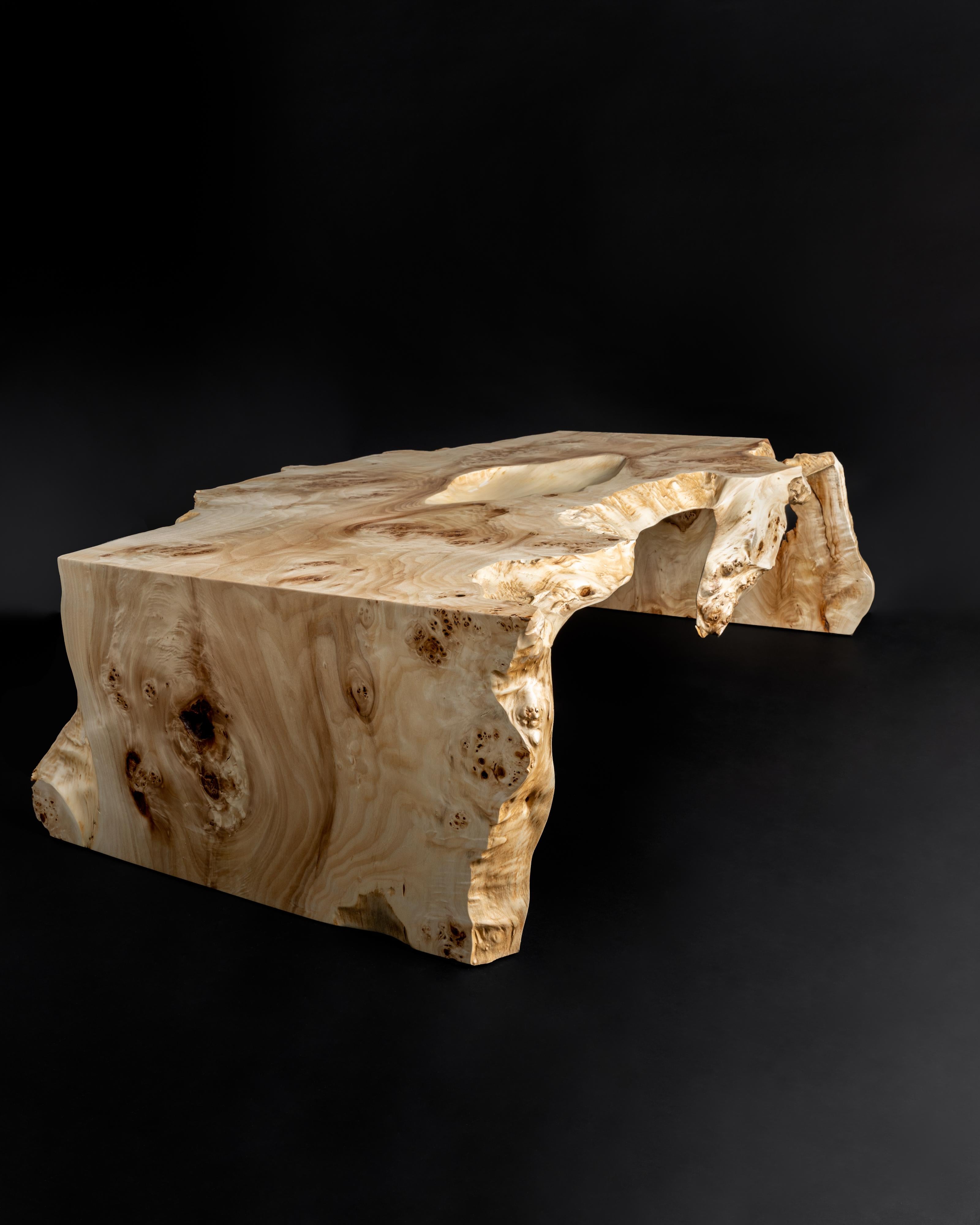 Canadian Mappa Burl Waterfall Edge Coffee Table, in Stock