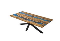 Rare Mappa Burl Wood River Dining Table with a Sapphire Blue Epoxy Inlay