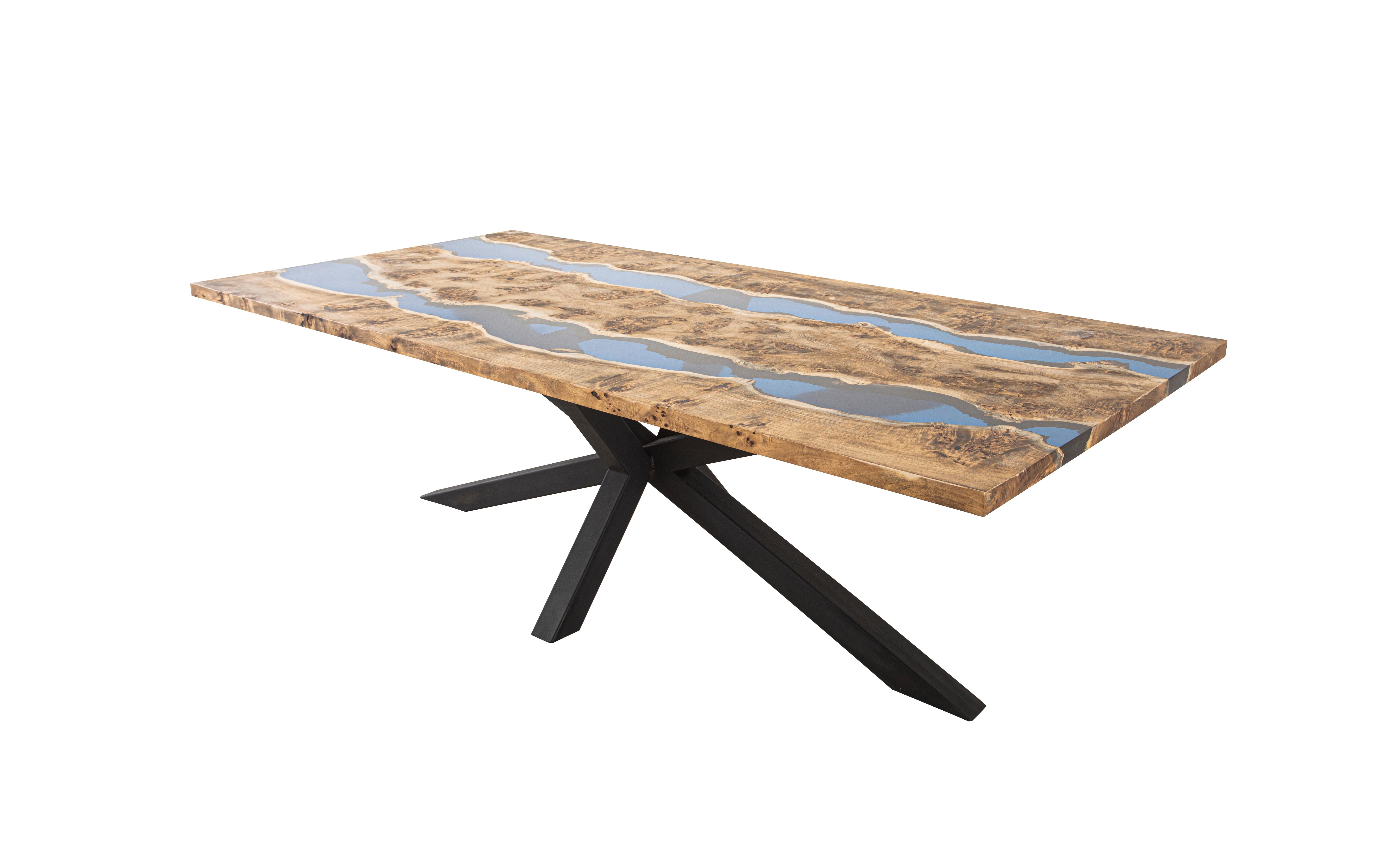 Arts and Crafts Table de salle à manger Mappa Burl Wood Blue Epoxy Resin en vente
