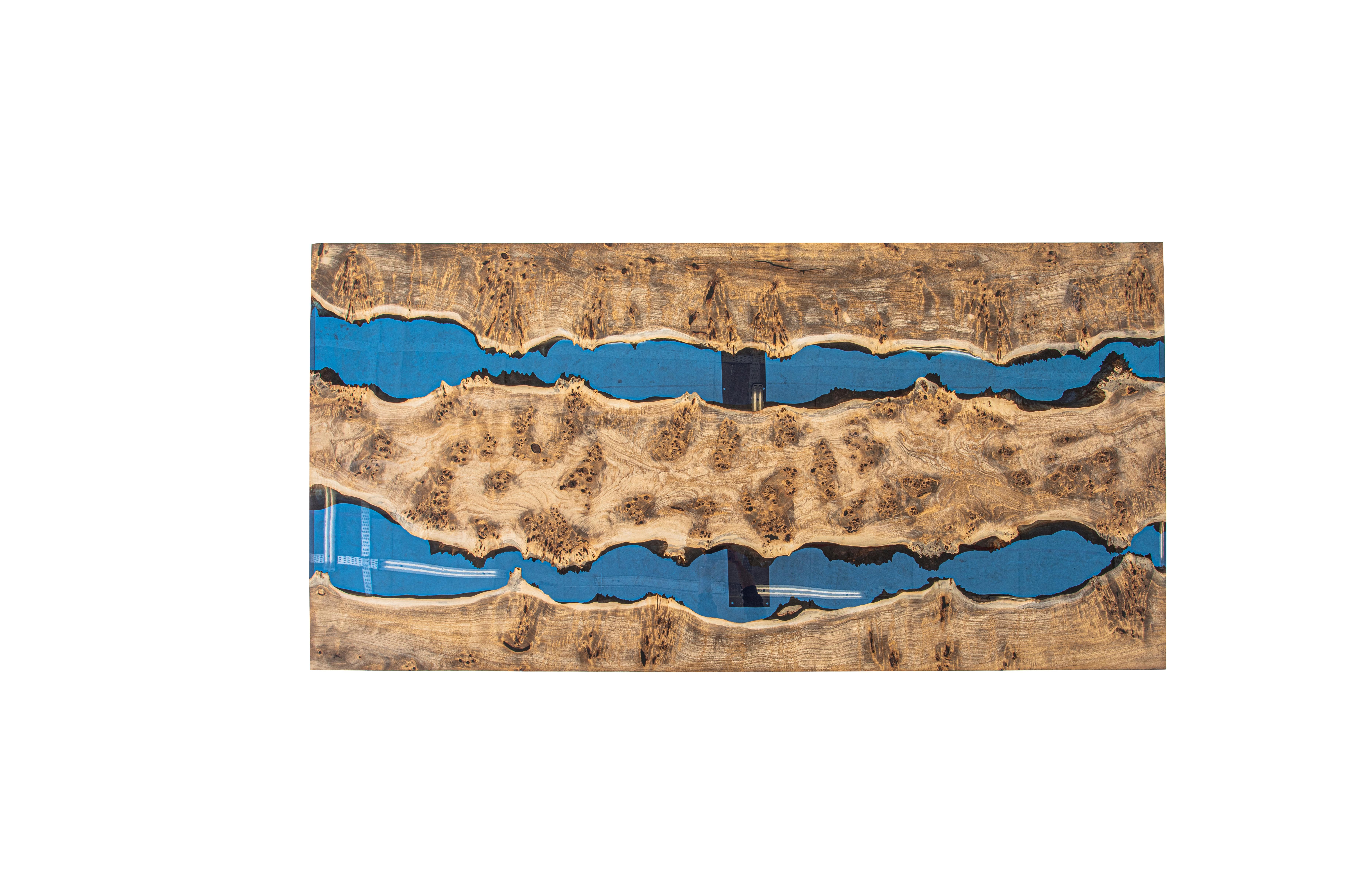 Arts and Crafts Mappa Burl Wood Blue Epoxy Resin Dining Table For Sale