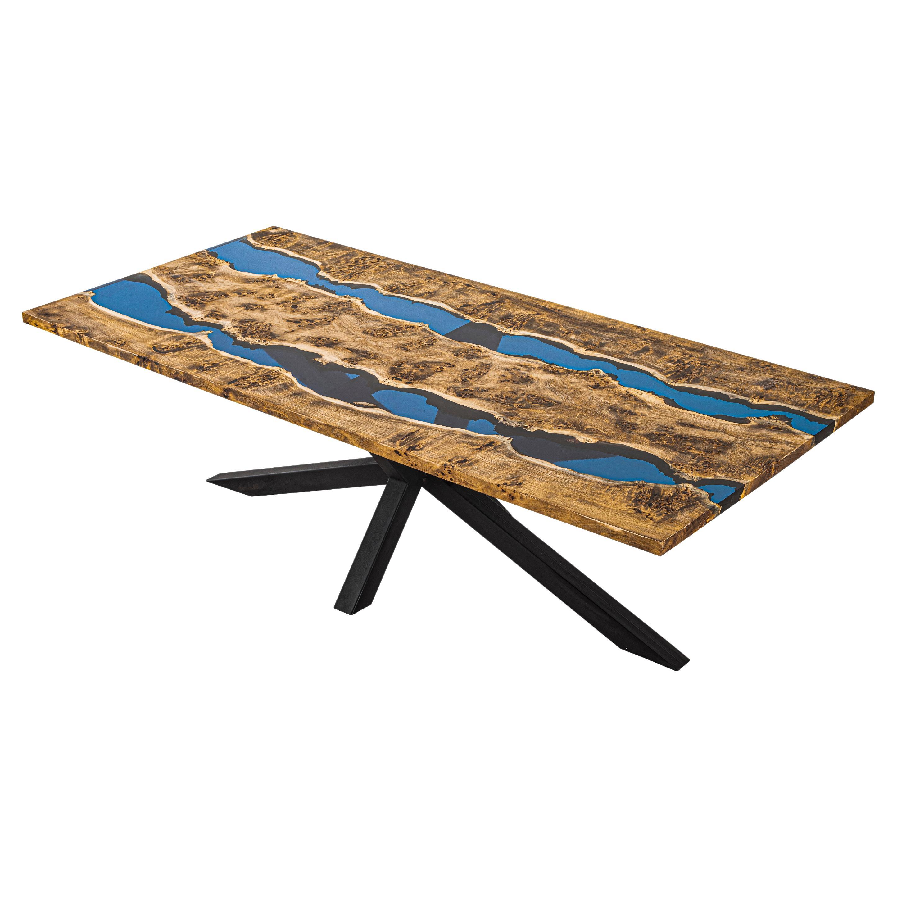 Mappa Burl Wood Blue Epoxy Resin Dining Table For Sale
