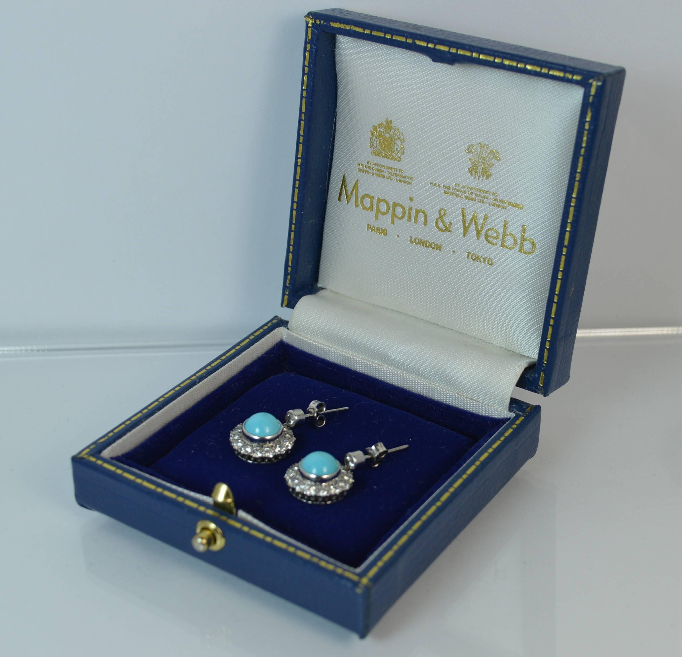 Round Cut Mappin & Webb 18 Carat Gold Turquoise VS 1.60 Carat Diamond Earrings in Box