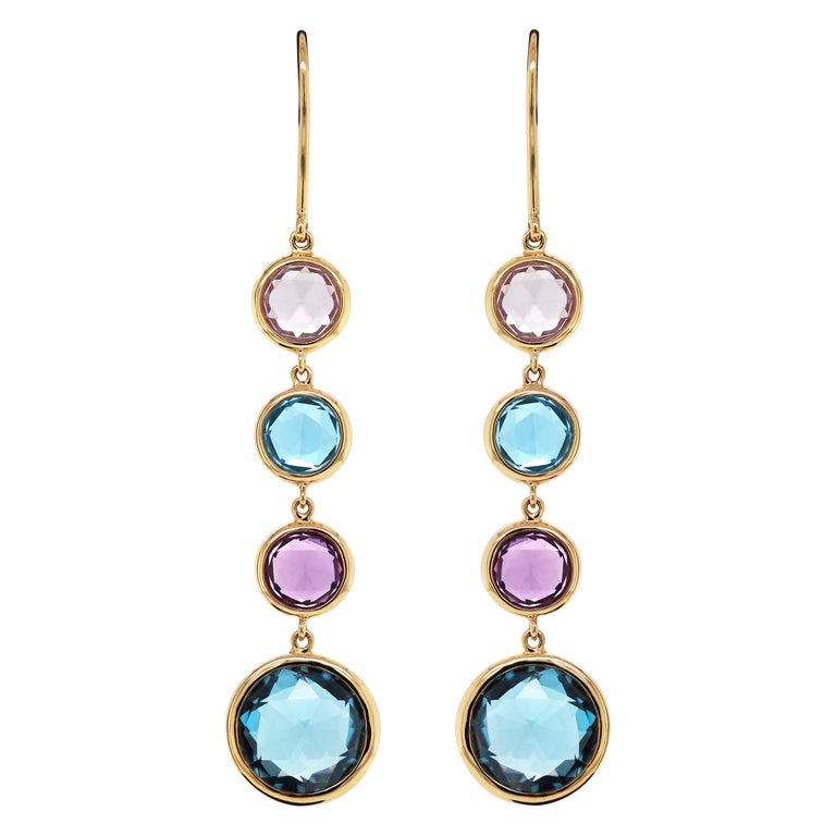 Mappin & Webb 18 Carat Yellow Gold Blue Topaz and Amethyst Drop Earrings For Sale