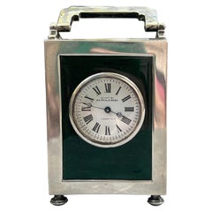 Mappin & Webb 1895 Sterling Trim w/Green Guilloche Enamel Carriage Clock - works