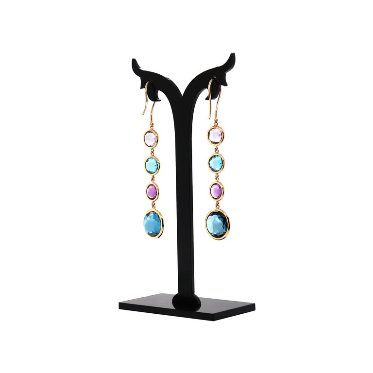 Modern Mappin & Webb 18 Carat Yellow Gold Blue Topaz and Amethyst Drop Earrings For Sale
