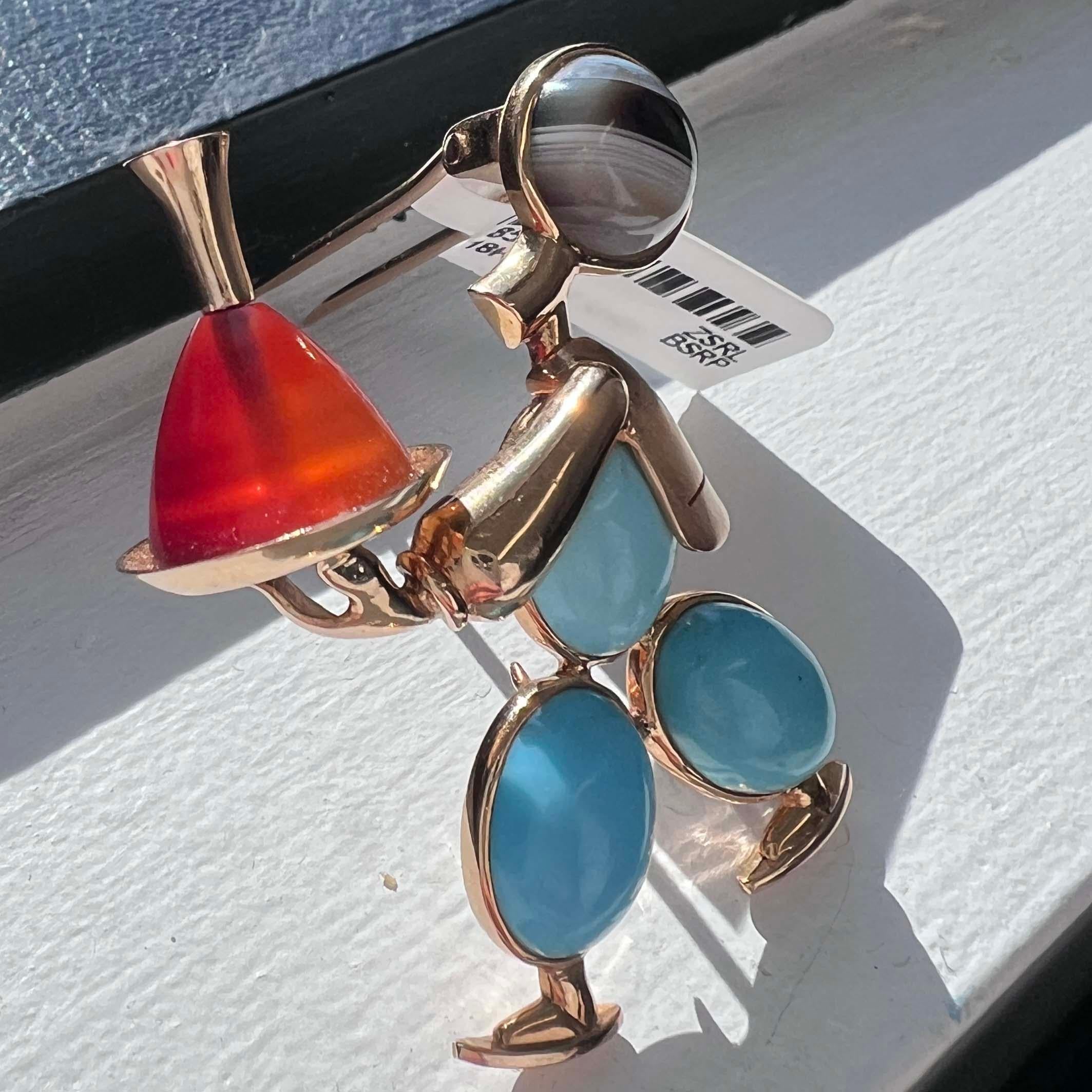 Retro Mappin & Webb 18K Yellow Gold Gemstone Waiter Brooch Pin For Sale