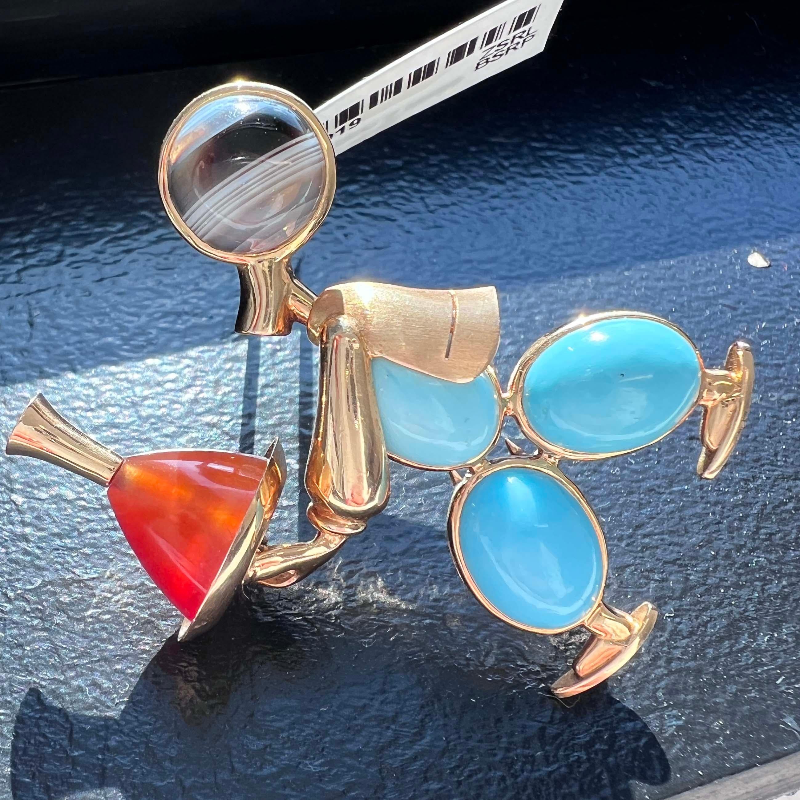 Cabochon Mappin & Webb 18K Yellow Gold Gemstone Waiter Brooch Pin For Sale
