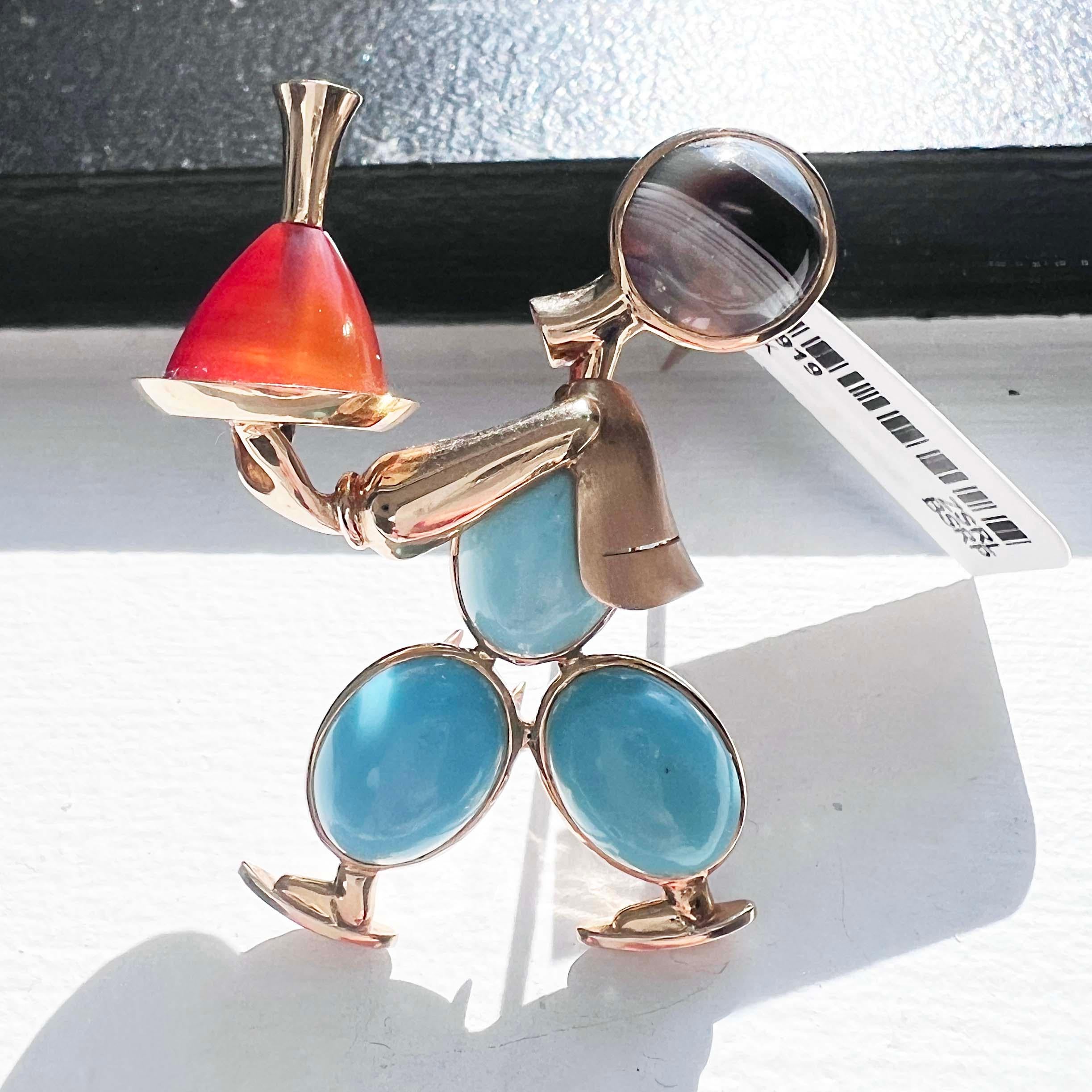 Mappin & Webb 18K Yellow Gold Gemstone Waiter Brooch Pin In Excellent Condition For Sale In Beverly Hills, CA