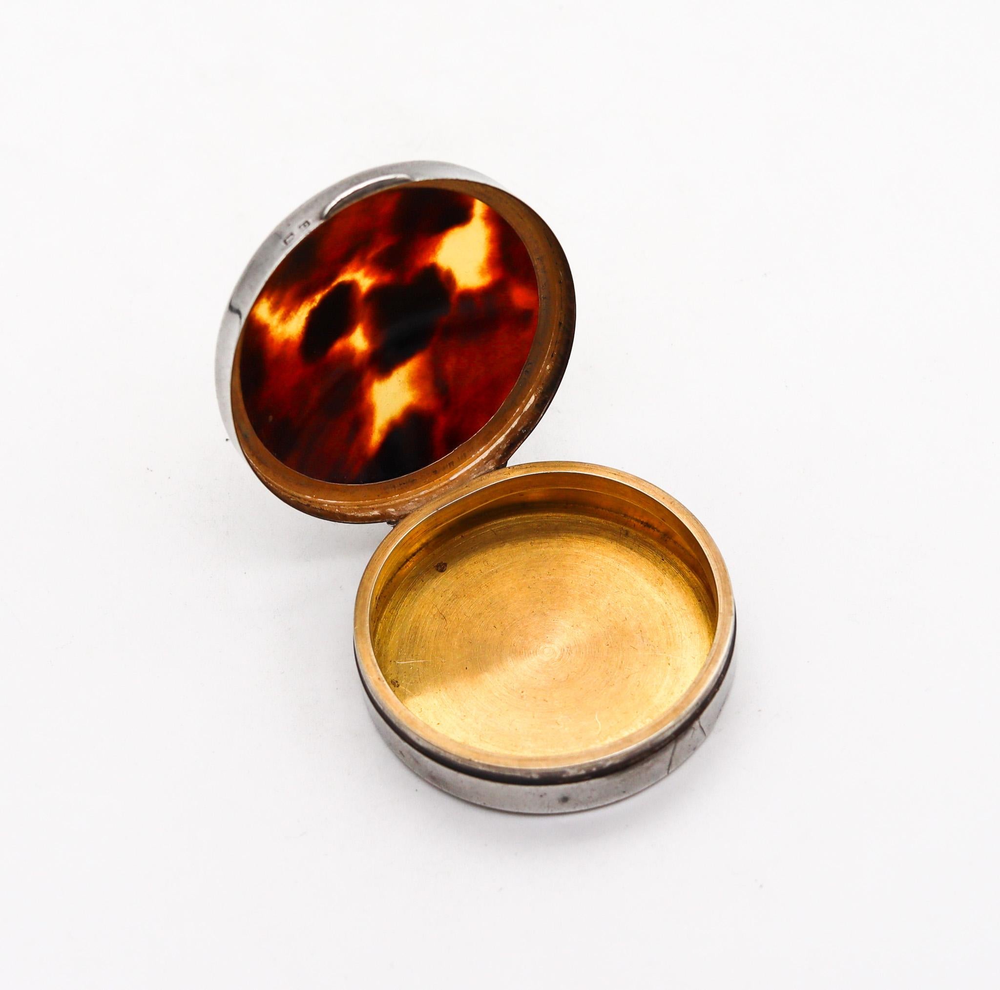 Art Deco Mappin & Webb 1928 Birmingham Pill Box In Tortoise Shell And Sterling Silver