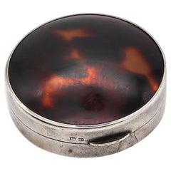 Antique Mappin & Webb 1928 Birmingham Pill Box In Tortoise Shell And Sterling Silver