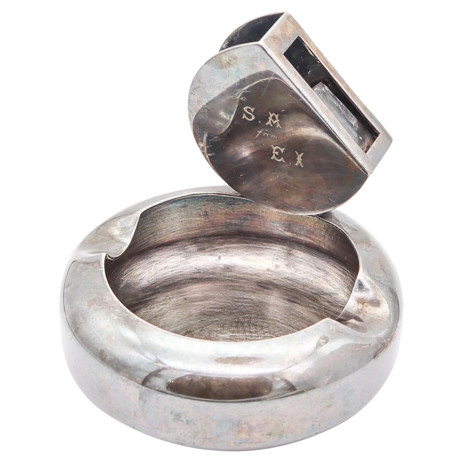 MAPPIN & WEBB 1935 London Art Deco Ashtray With Match Holder In Silver (Cendrier avec porte-allumettes en argent)