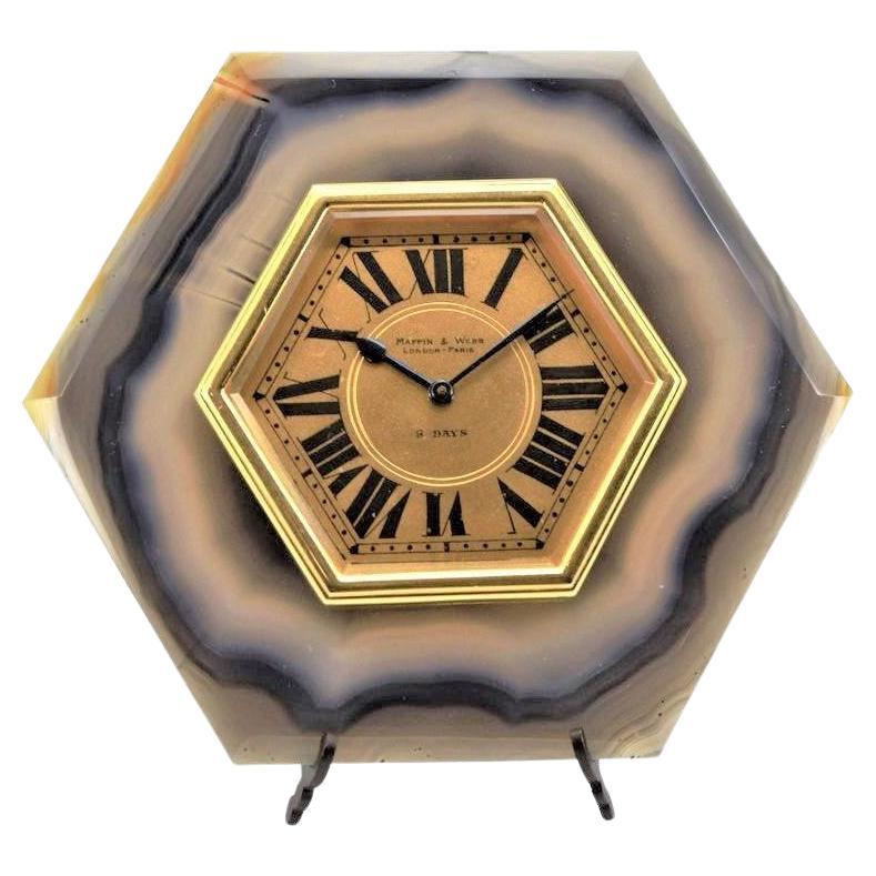 Mappin & Webb Agate and Gilded Brass Art Deco Style Desk Clock For Sale