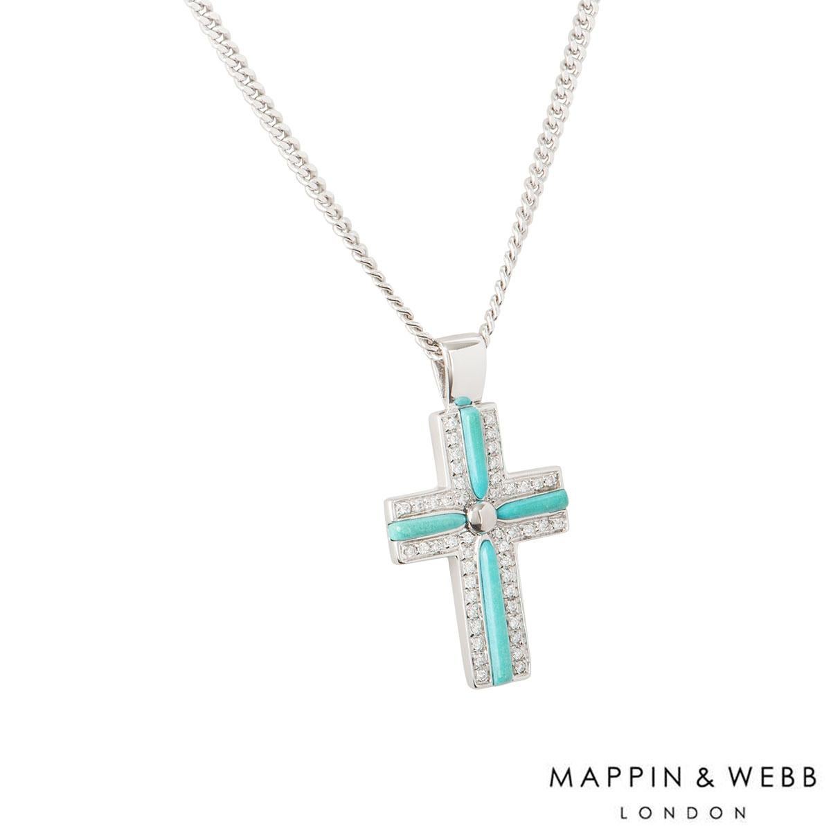 An 18k white gold diamond cross pendant by Mappin & Webb. The cross pendant consists of turquoise lines through the middle of the cross with 48 round brilliant cut diamonds on the sides totalling approximately 0.48ct. The pendant is on a loop bail