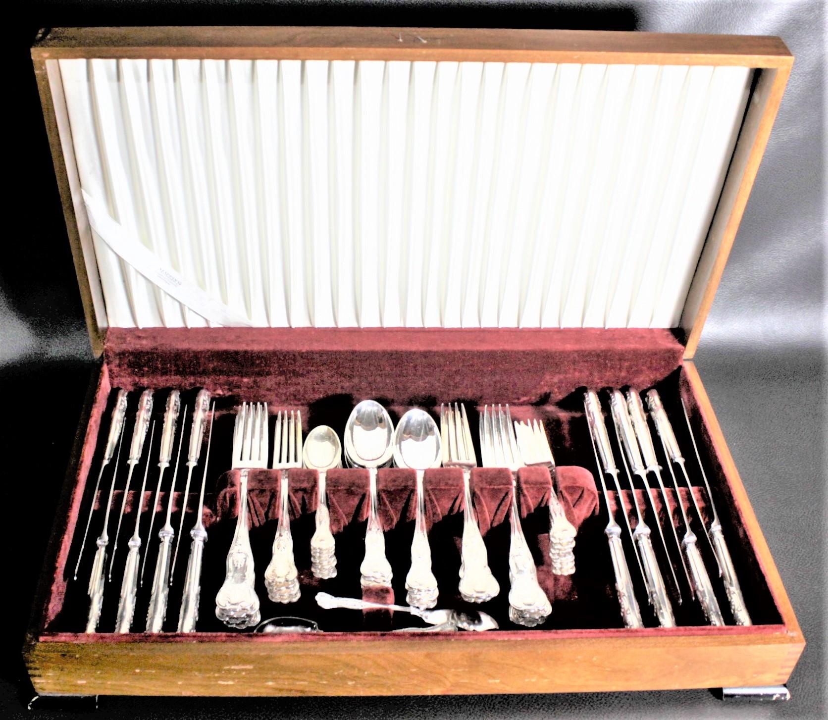This silver plated flatware set was made by the renowned Mappin & Webb Company of England in approximately 1960 in their 'Kings Pattern'. This is a partial set for eight missing one coffee spoon but consists of dinner and luncheon knives, forks, and