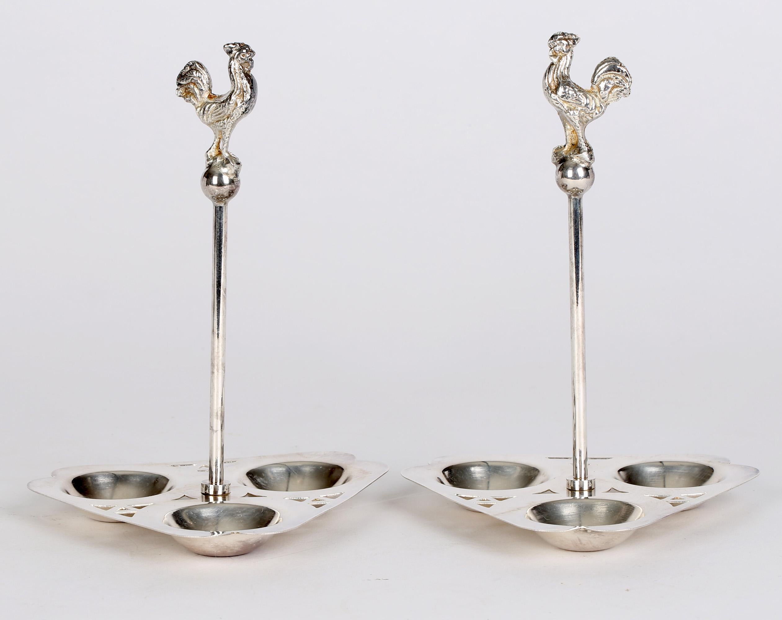 Mappin & Webb Pair English Silver Plated Cockerel Mounted Egg Stands For Sale 5