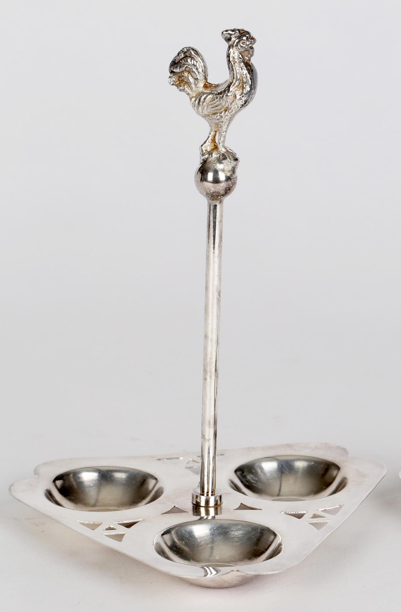 Mappin & Webb Pair English Silver Plated Cockerel Mounted Egg Stands For Sale 8