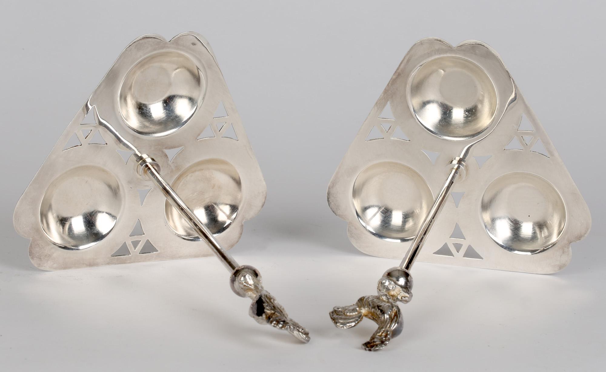 Mid-Century Modern Mappin & Webb Pair English Silver Plated Cockerel Mounted Egg Stands For Sale