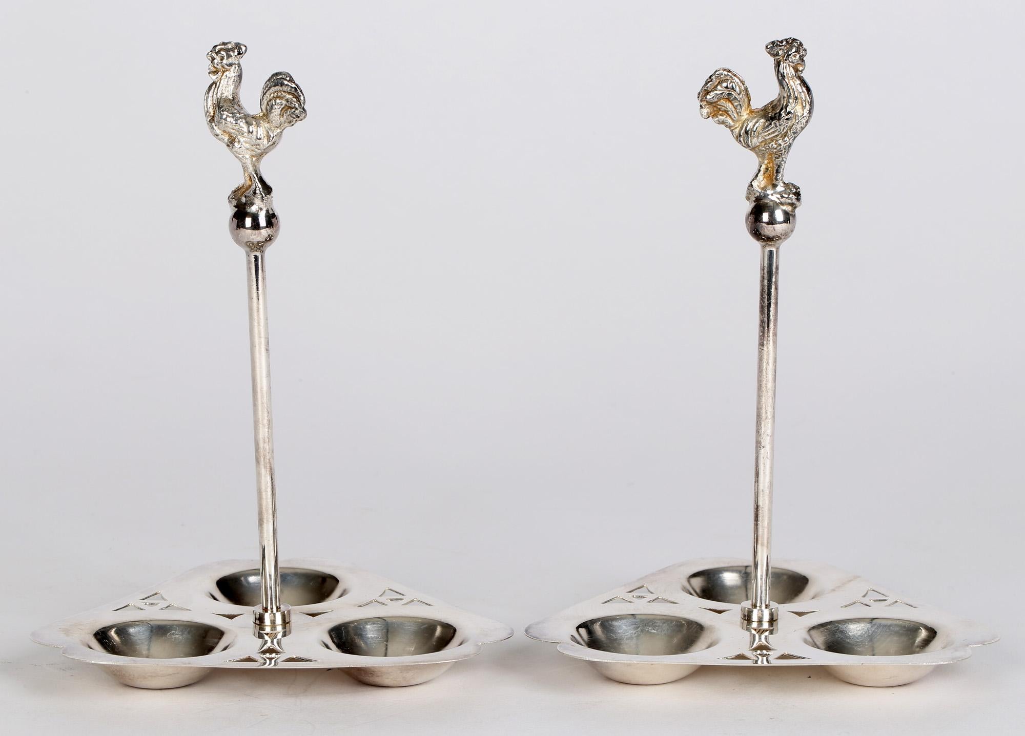 Mappin & Webb Pair English Silver Plated Cockerel Mounted Egg Stands For Sale 1