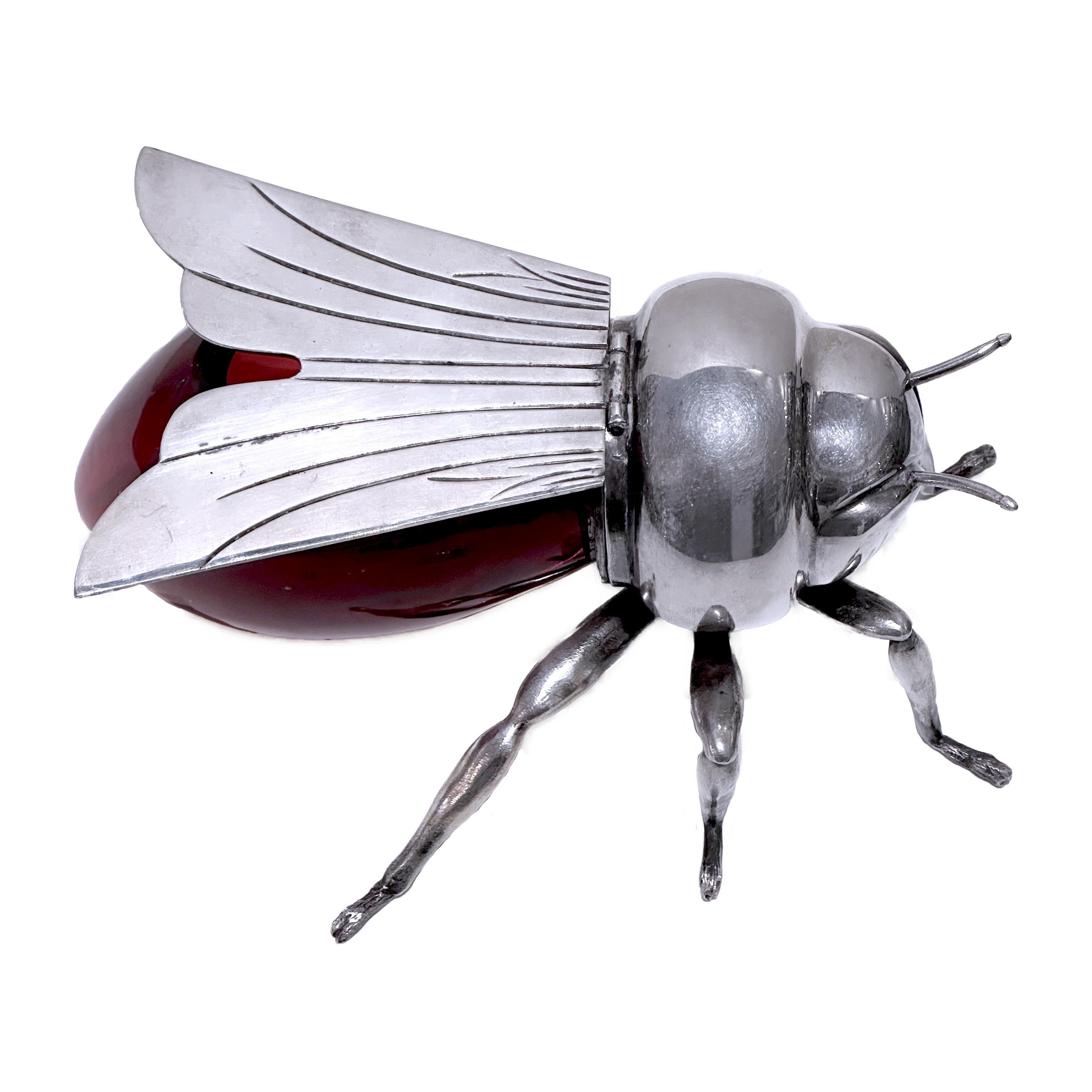 Silver Plate Mappin & Webb red Honey bee honey pot, circa 1910 For Sale