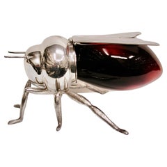 Mappin & Webb Silver Plated & Ruby Glass Bee Honey Pot Circa 1950