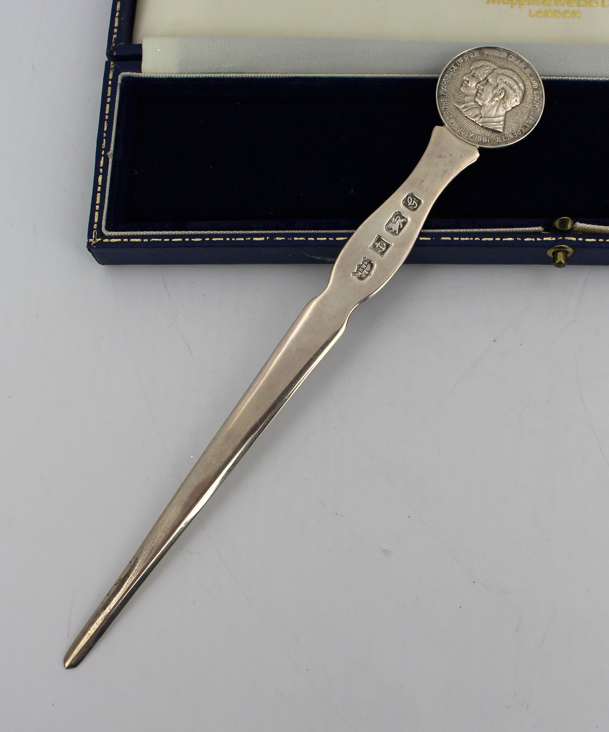Sterling Silver Mappin & Webb Solid Silver Royal Wedding Letter Opener, Boxed – 1981 For Sale