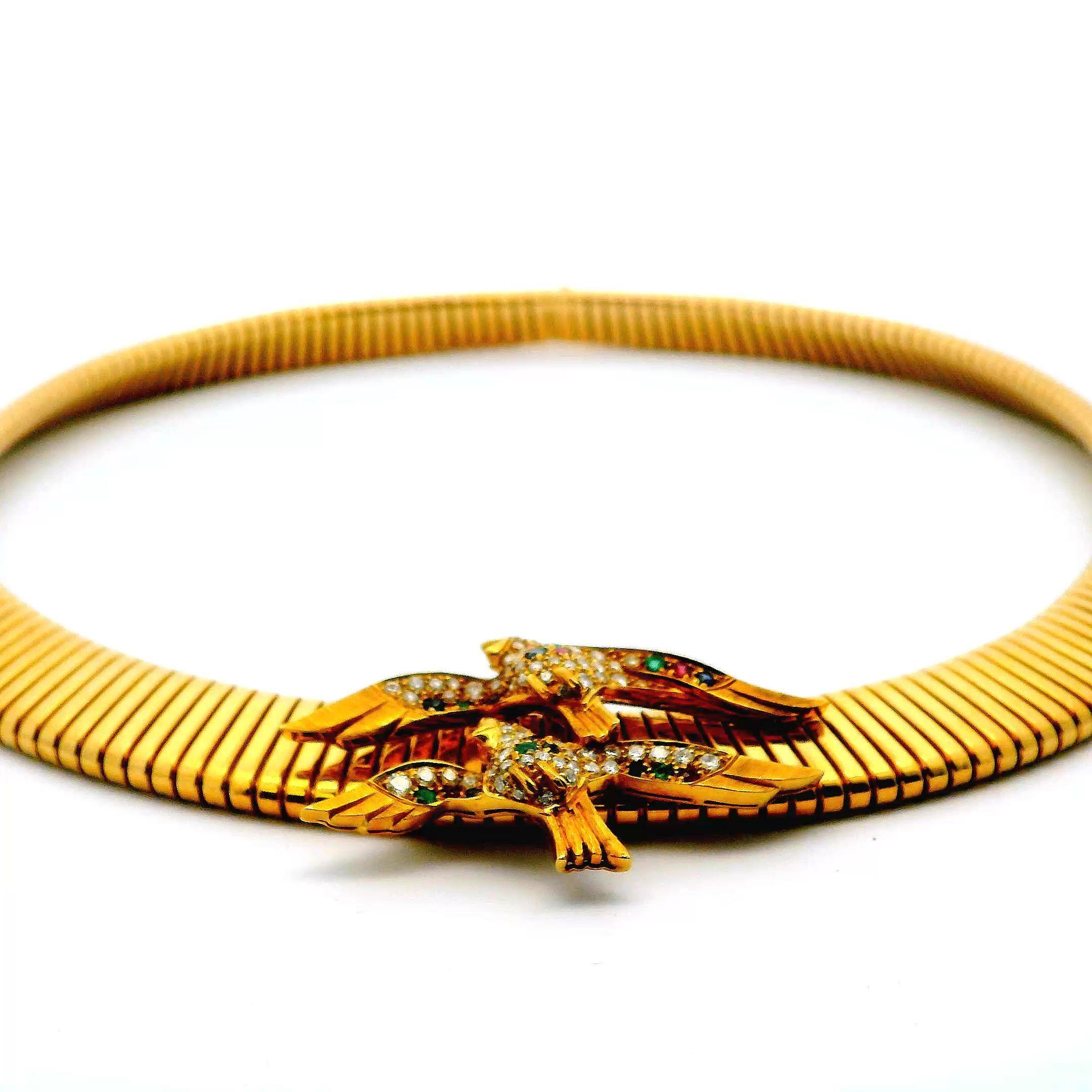 Mappin & Webb Verjüngte Tubogas 18K Gelbgold Zwei Edelstein-Vögel Set (Rundschliff) im Angebot