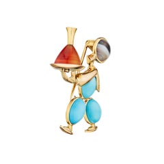 Mappin & Webb Turquoise Agate Carnelian Gold Mid-Century Waiter Brooch