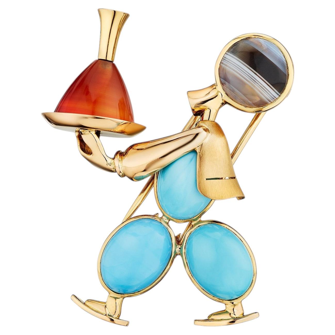 Mappin & Webb Turquoise Agate Carnelian Gold Mid-Century Waiter Brooch For Sale