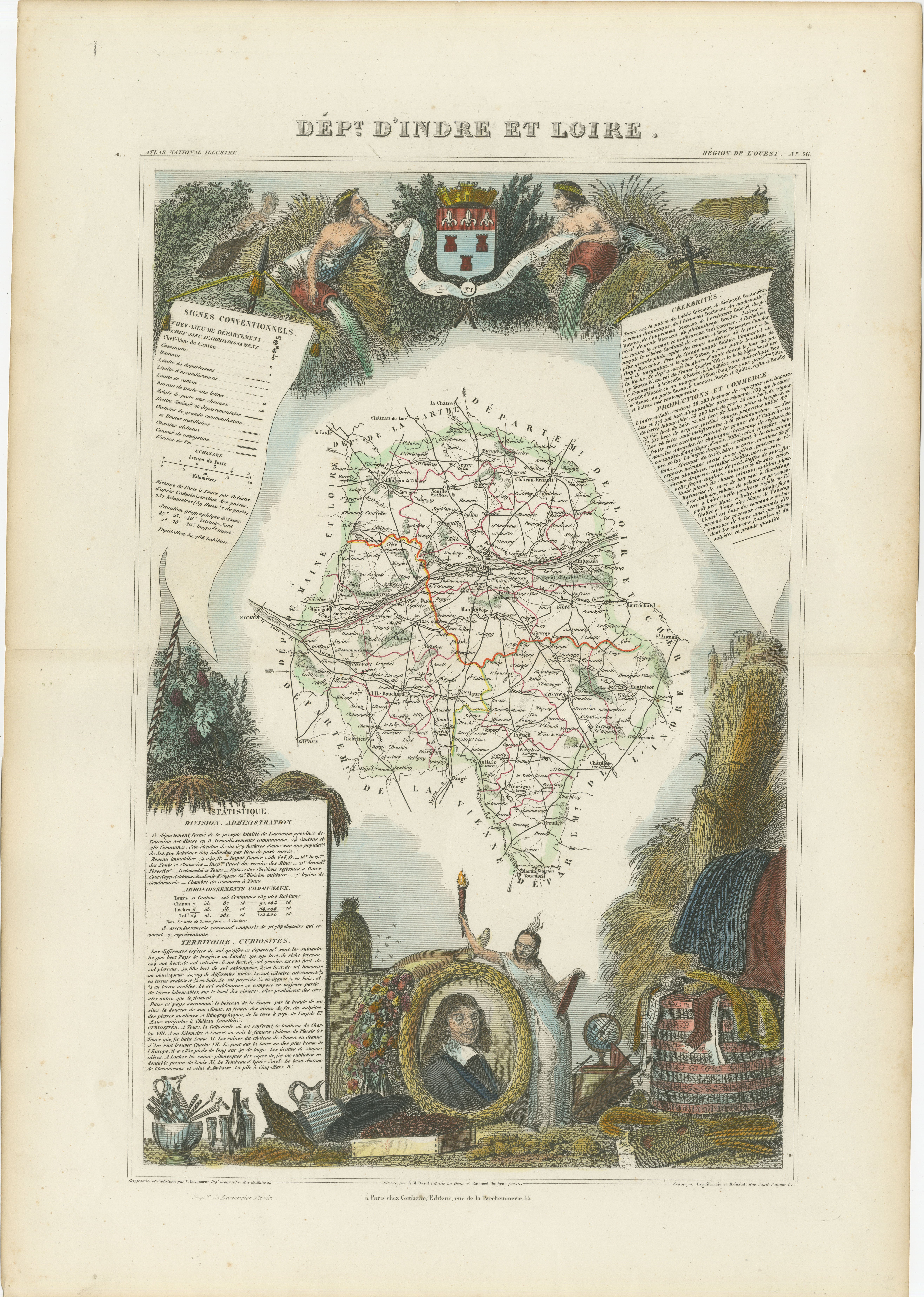An original hand-colored map of the Département d'Indre-et-Loire created by Victor Levasseur in 1856. As an antique steel engraved map, it showcases the detailed craftsmanship and technology of mid-19th century map making. The method of steel