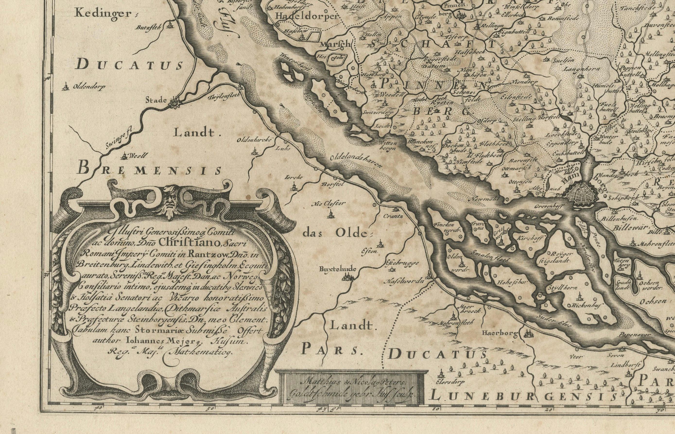 Gravé Mapping Stormarn : chef-d'œuvre cartographique de Johannes Meier, 1650 en vente