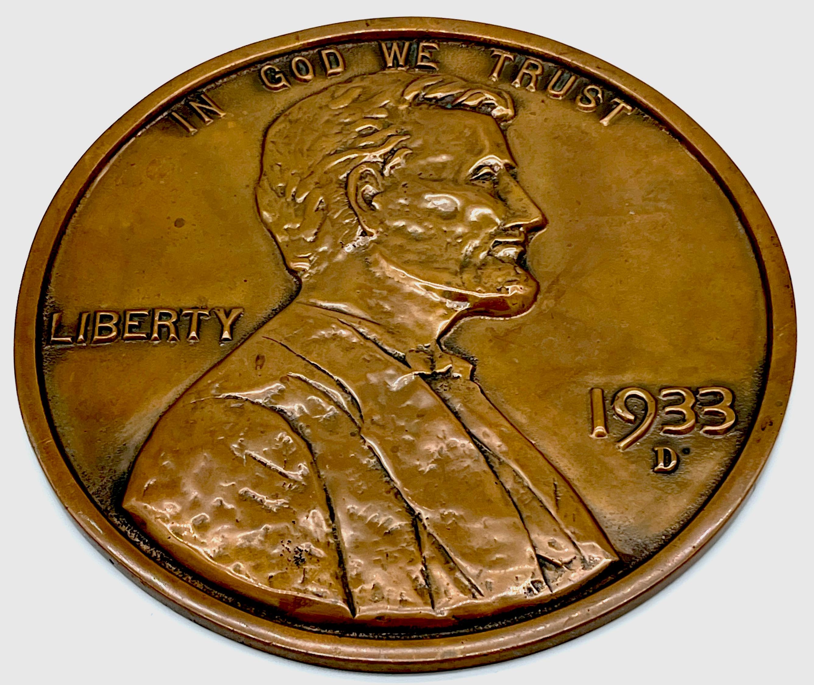 Maquette or Sculpture of Victor David Brenner's 1933 D Lincoln Penny Front/Obverse

Offered for sale is a remarkable maquette or sculpture replicating Victor David Brenner's iconic 1933 D Lincoln Penny Front/Obverse. Monumental in size, it measures
