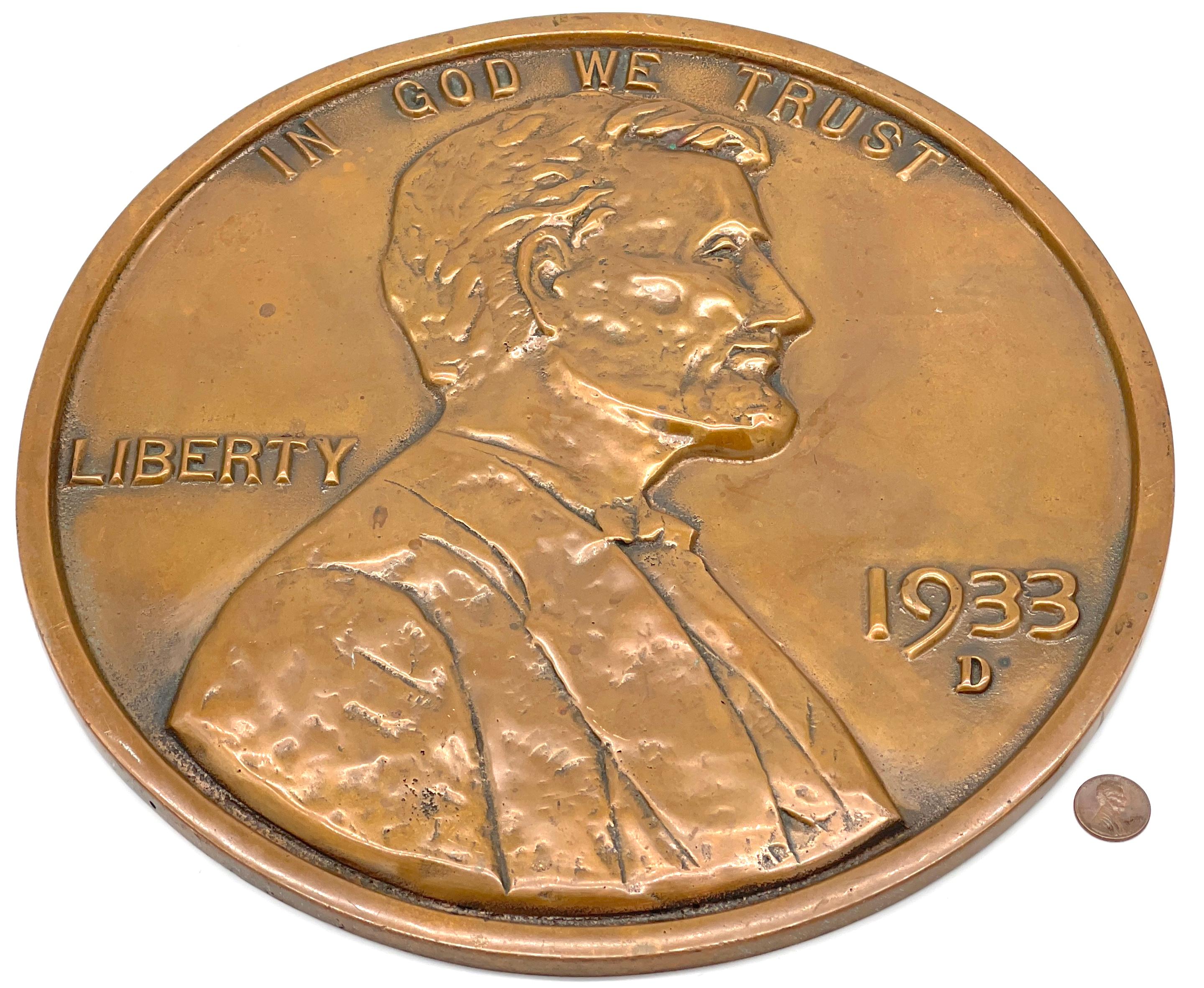 Copper Maquette/Sculpture of Victor David Brenner's 1933 D Lincoln Penny Front/ Obverse For Sale