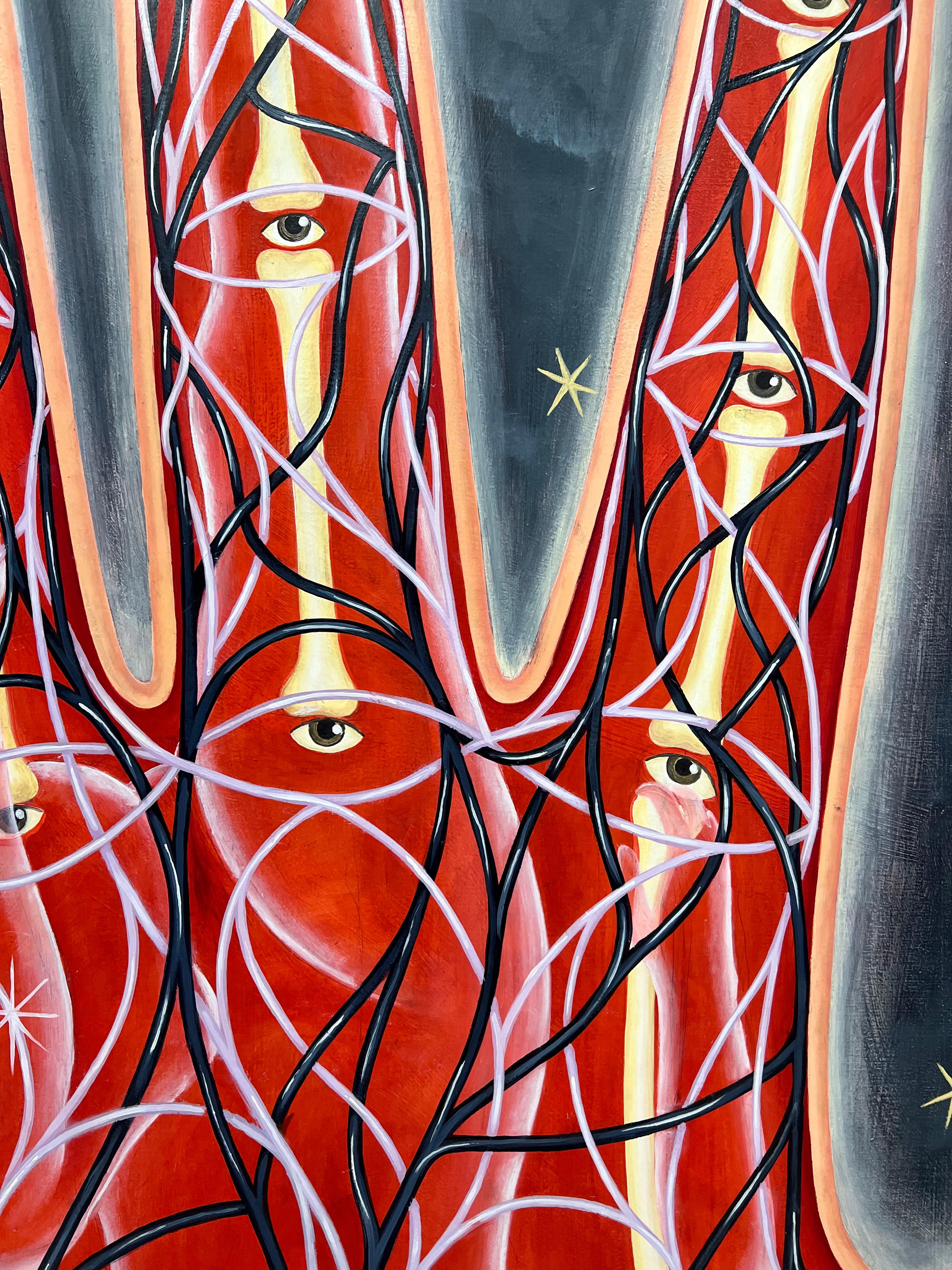 „La mano creadora y el impulso creativo“ anatomisch, kosmisch, Emotionen, Traumlandschaft (Schwarz), Figurative Painting, von María Conejo