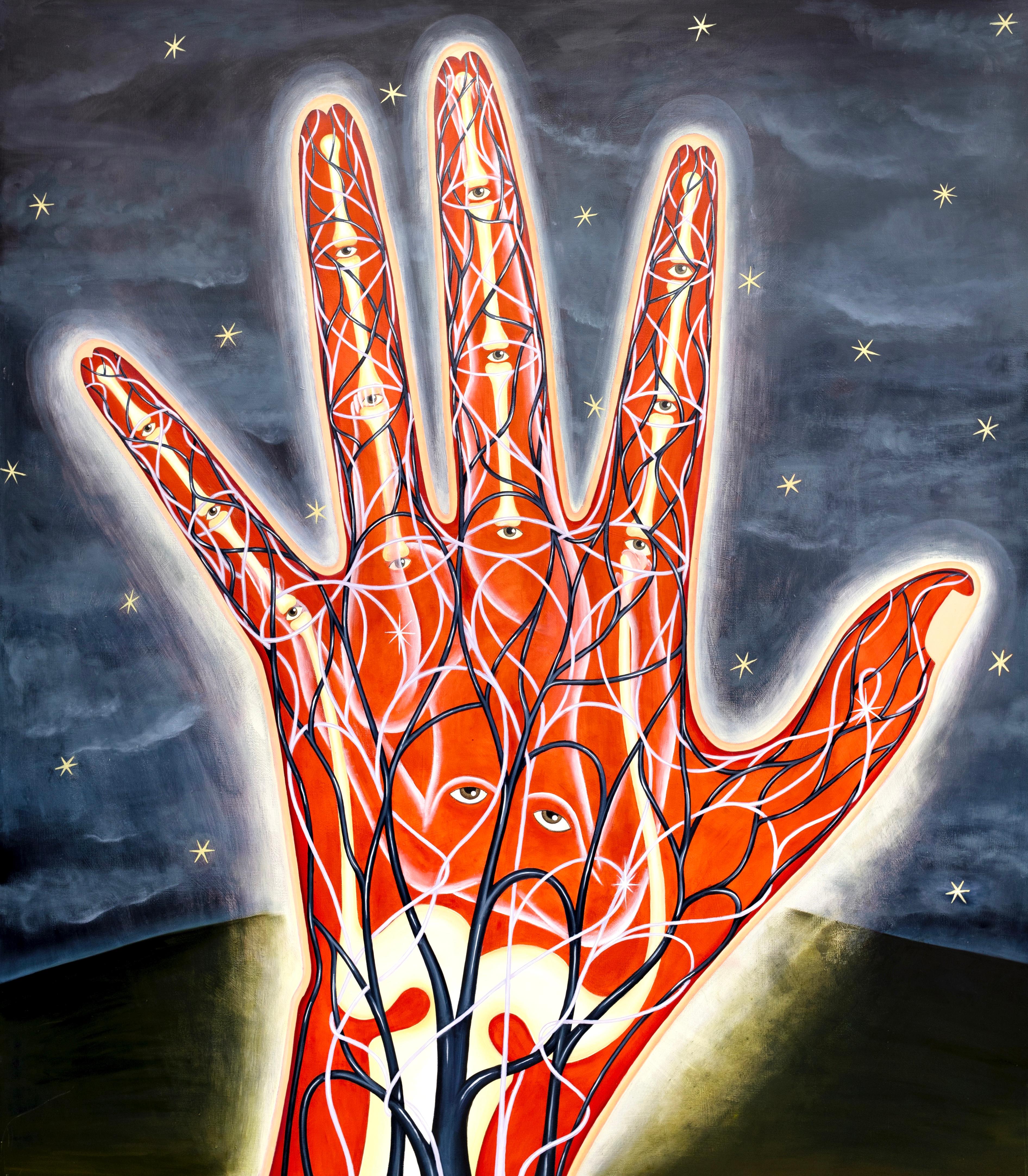 María Conejo Figurative Painting – „La mano creadora y el impulso creativo“ anatomisch, kosmisch, Emotionen, Traumlandschaft