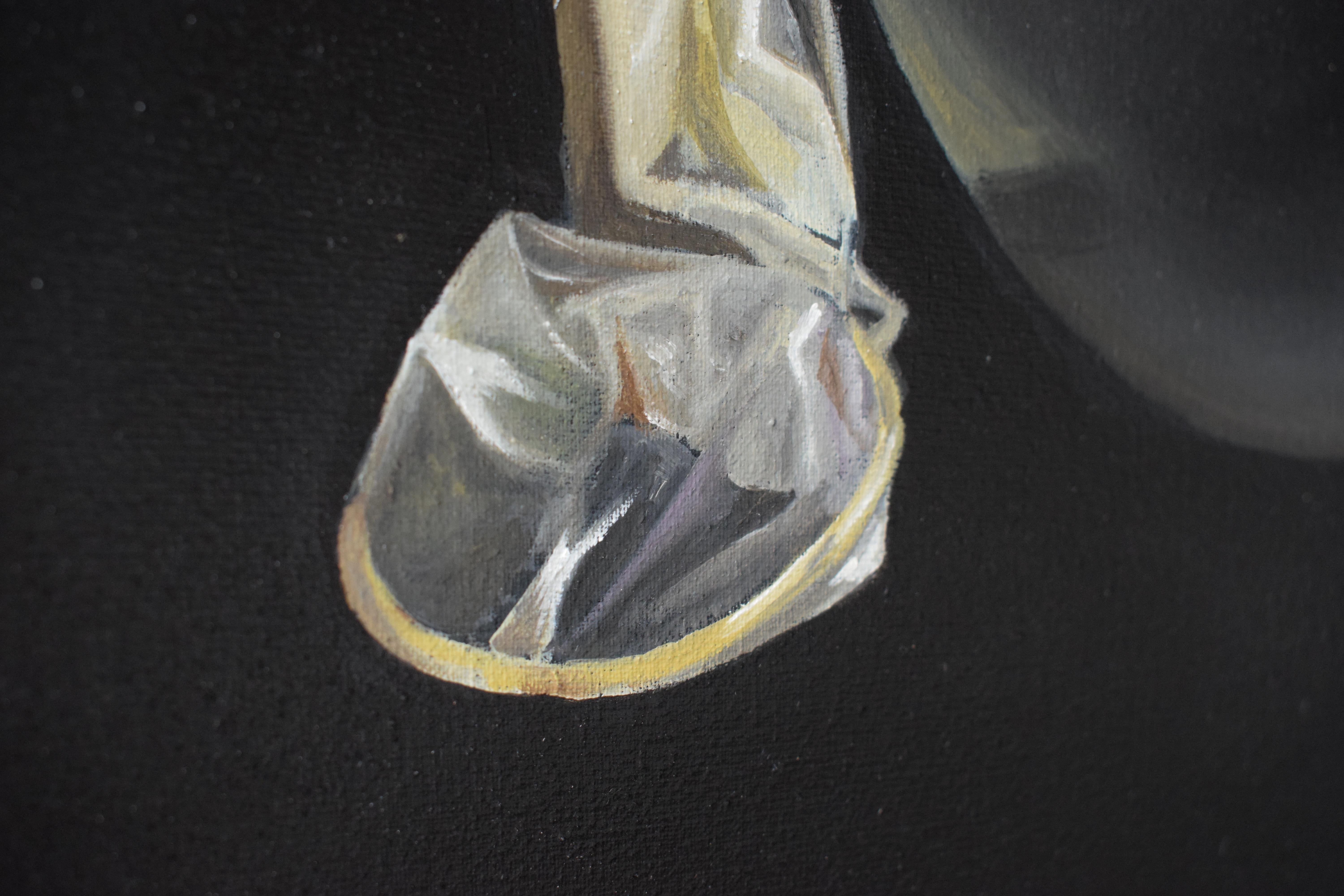 Pintura al óleo pop contemporánea - Condón inflado como burbuja negra sobre lienzo oscuro en venta 5