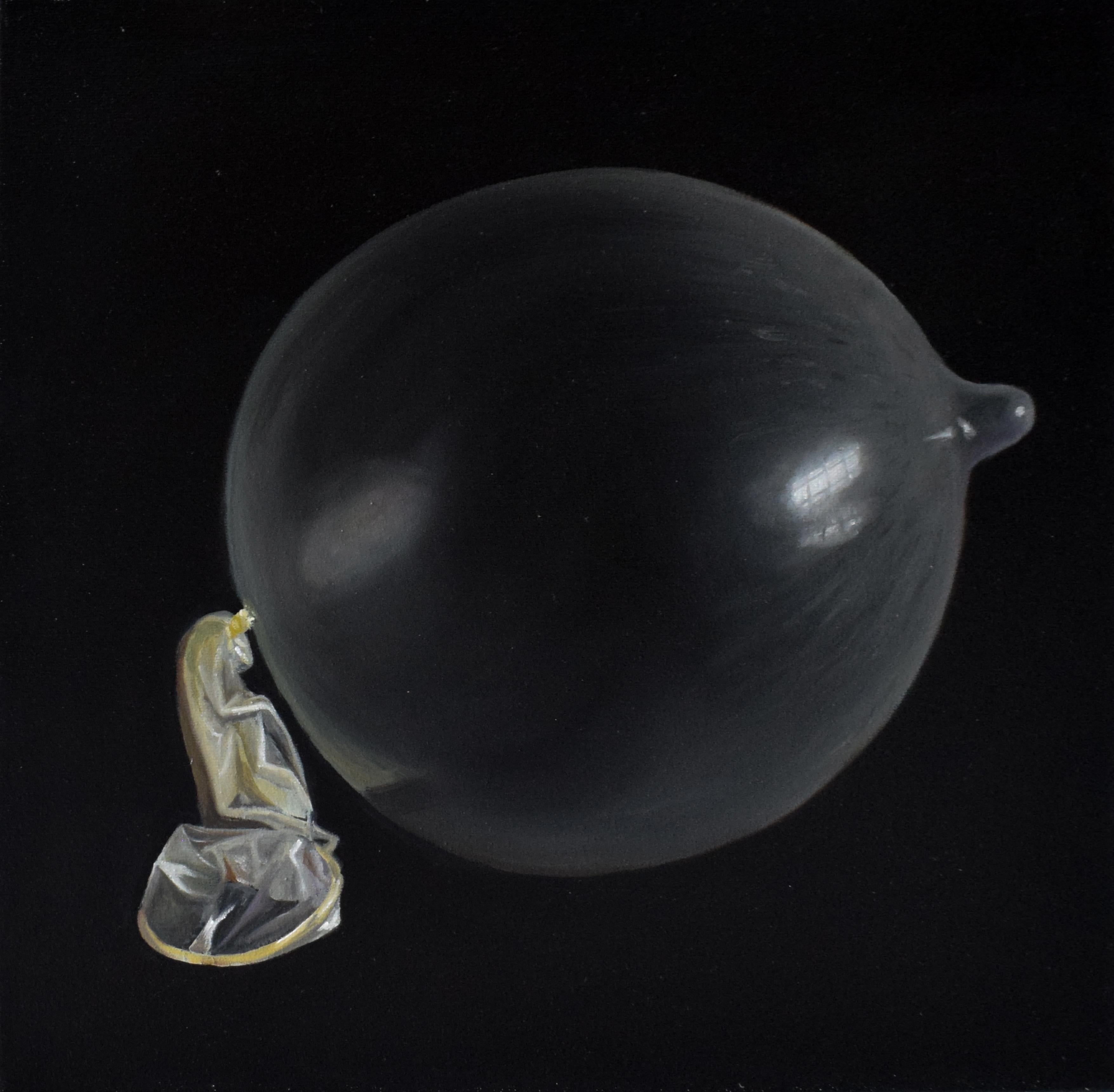 Pittura ad olio pop contemporanea - Preservativo gonfiato come bolla nera su tela scura